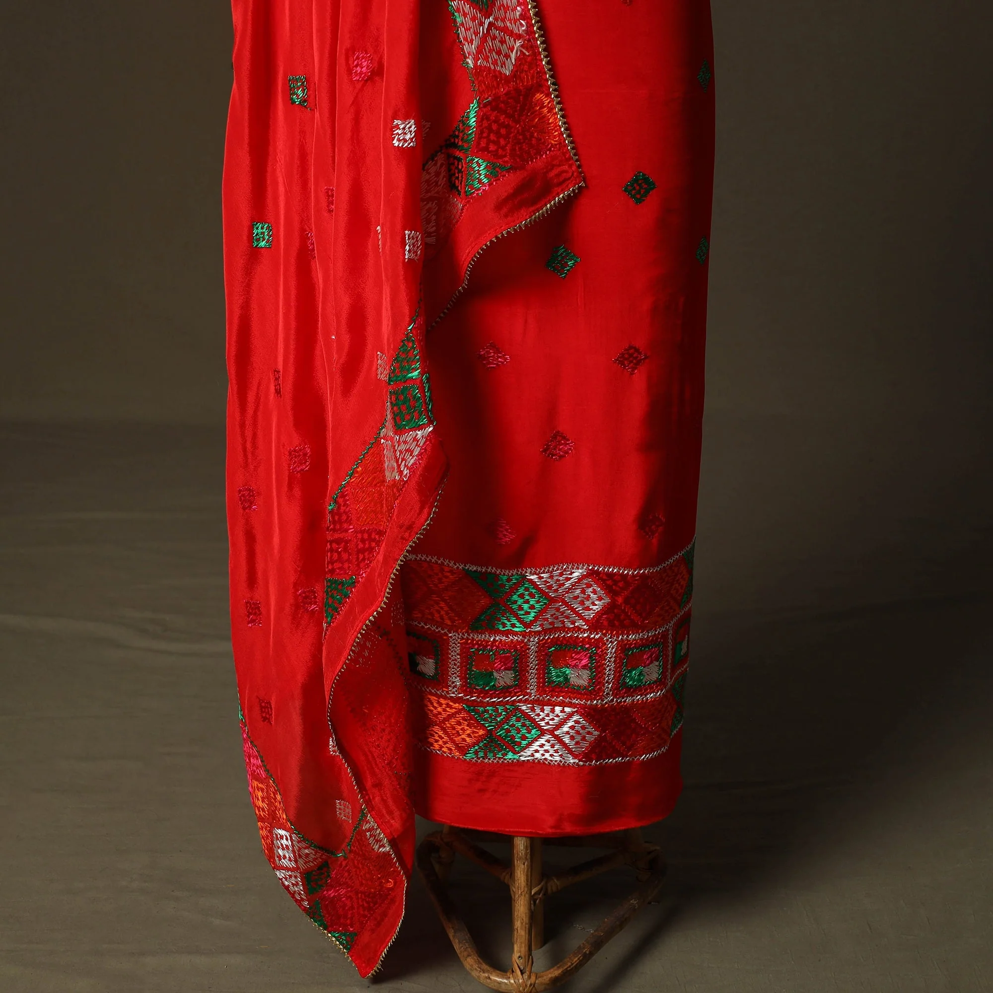 Red - Phulkari Hand Embroidered Crepe Silk 3pc Unstitched Dress Material 08 - Image 4