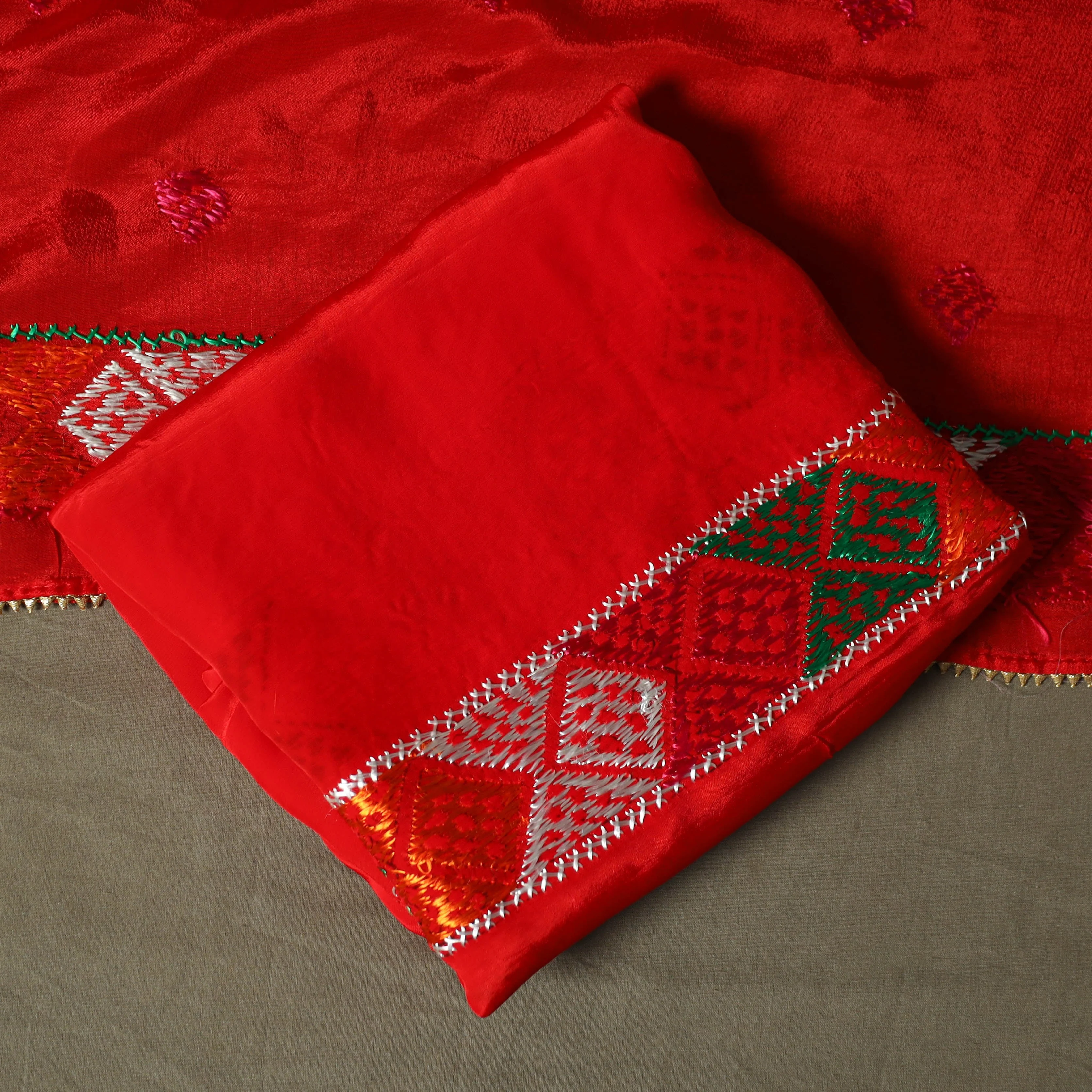Red - Phulkari Hand Embroidered Crepe Silk 3pc Unstitched Dress Material 08 - Image 5
