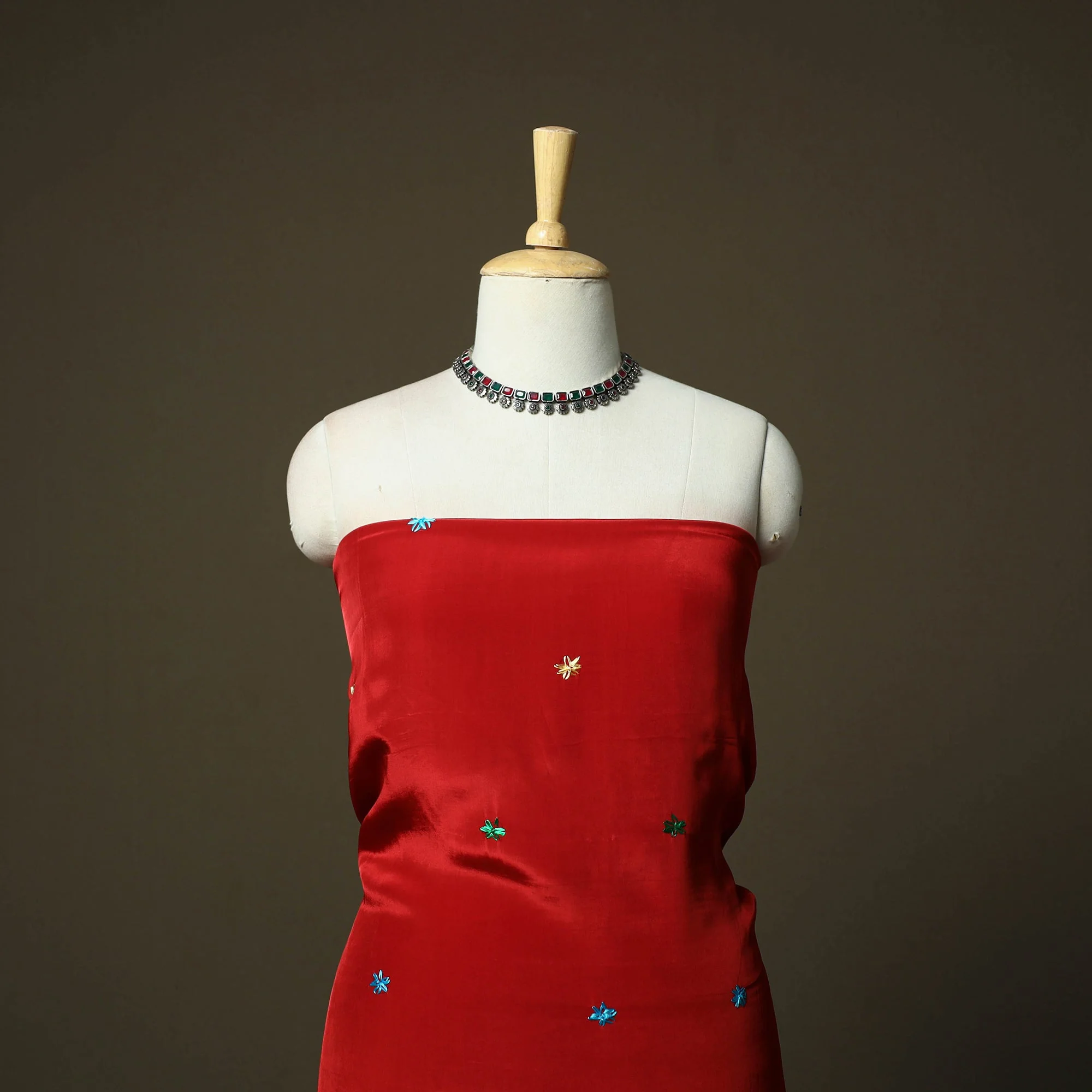 Red - Phulkari Hand Embroidered Crepe Silk 3pc Unstitched Dress Material 22 - Image 2