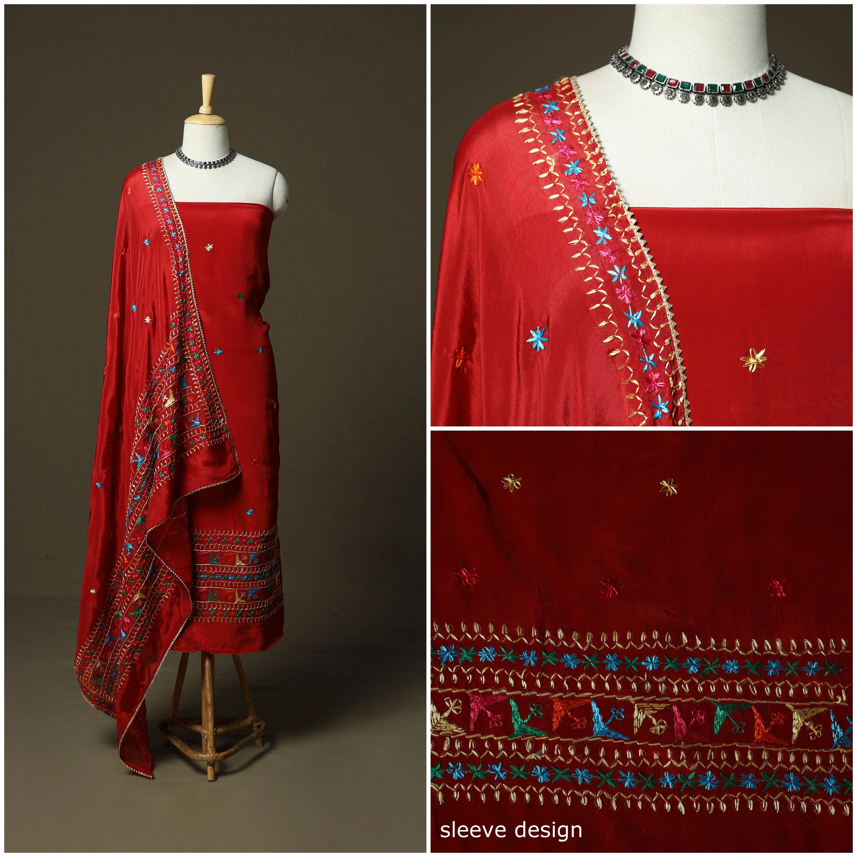 Red - Phulkari Hand Embroidered Crepe Silk 3pc Unstitched Dress Material 22 - Image 3