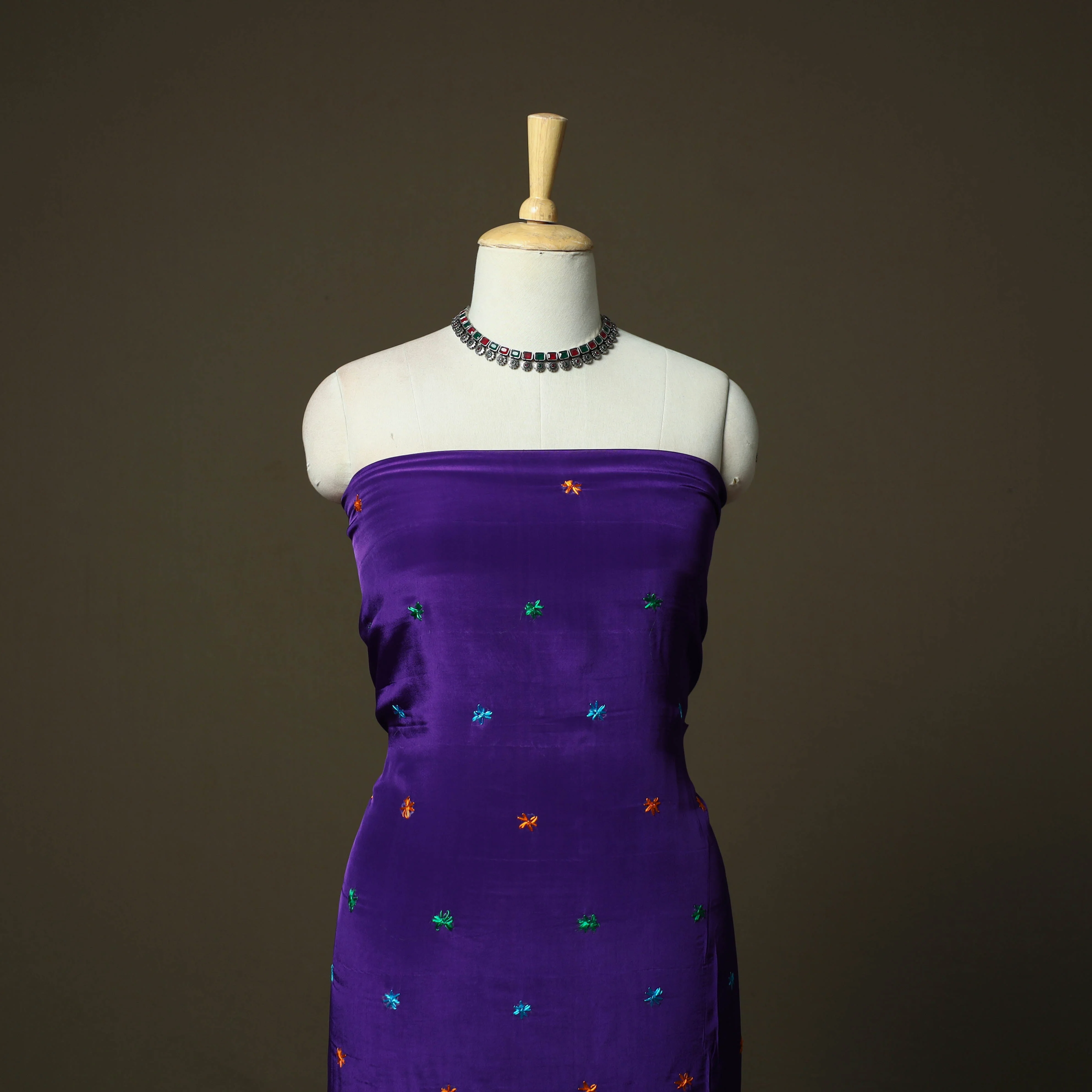 Purple - Phulkari Hand Embroidered Crepe Silk 3pc Unstitched Dress Material 26 - Image 2