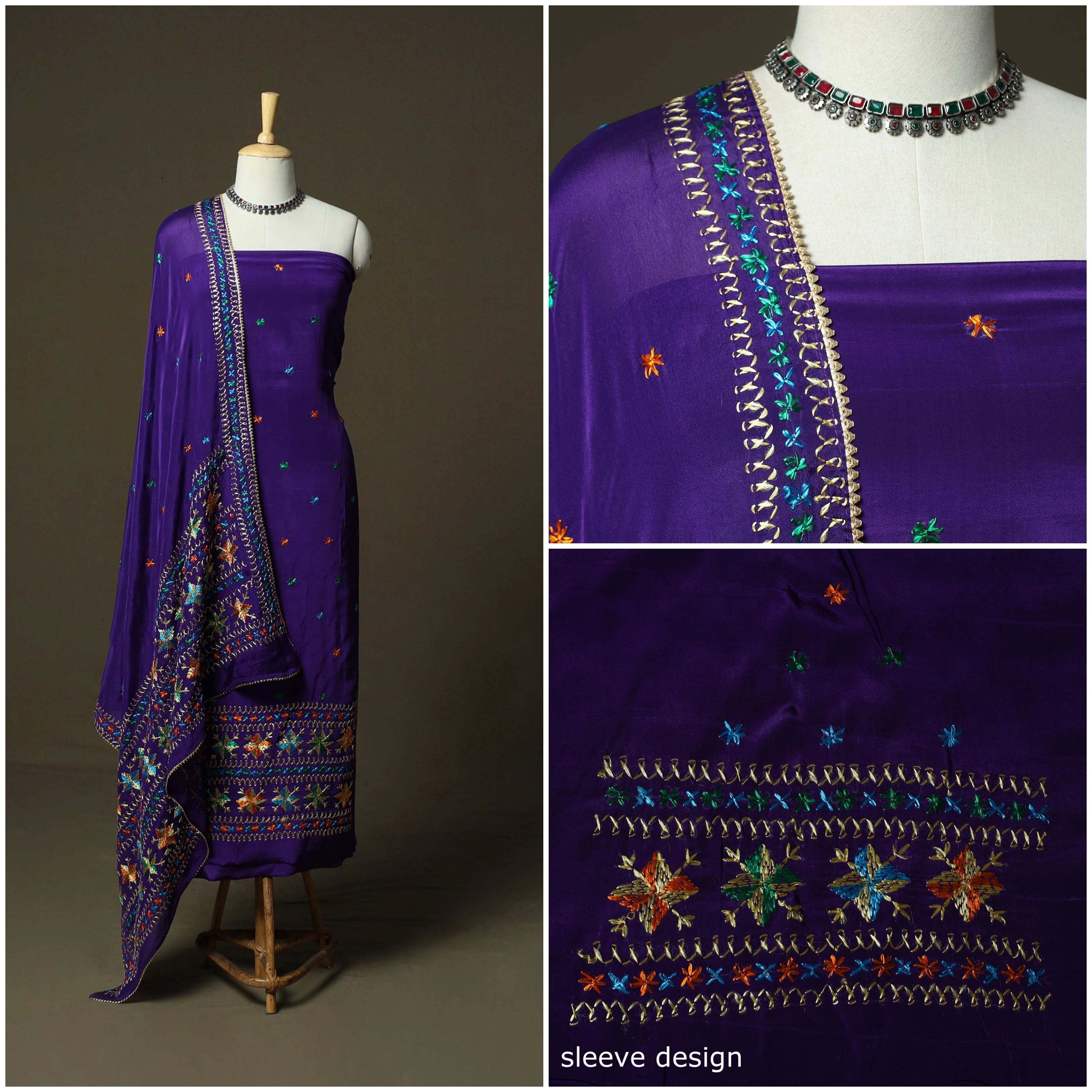 Purple - Phulkari Hand Embroidered Crepe Silk 3pc Unstitched Dress Material 26 - Image 3