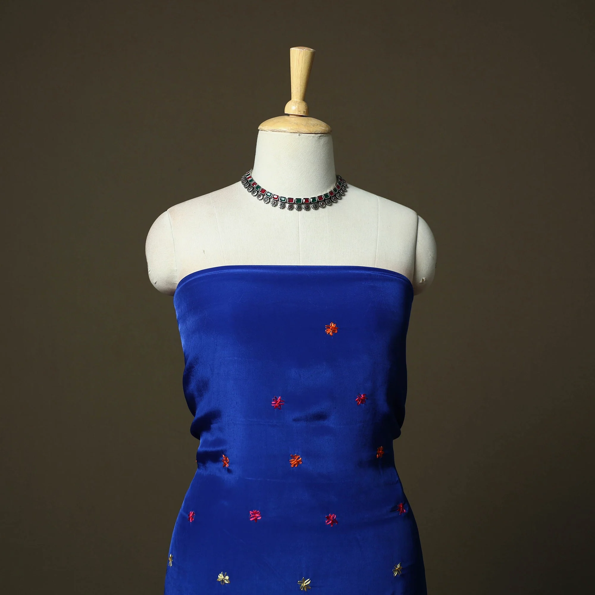 Blue - Phulkari Hand Embroidered Crepe Silk 3pc Unstitched Dress Material 27 - Image 2