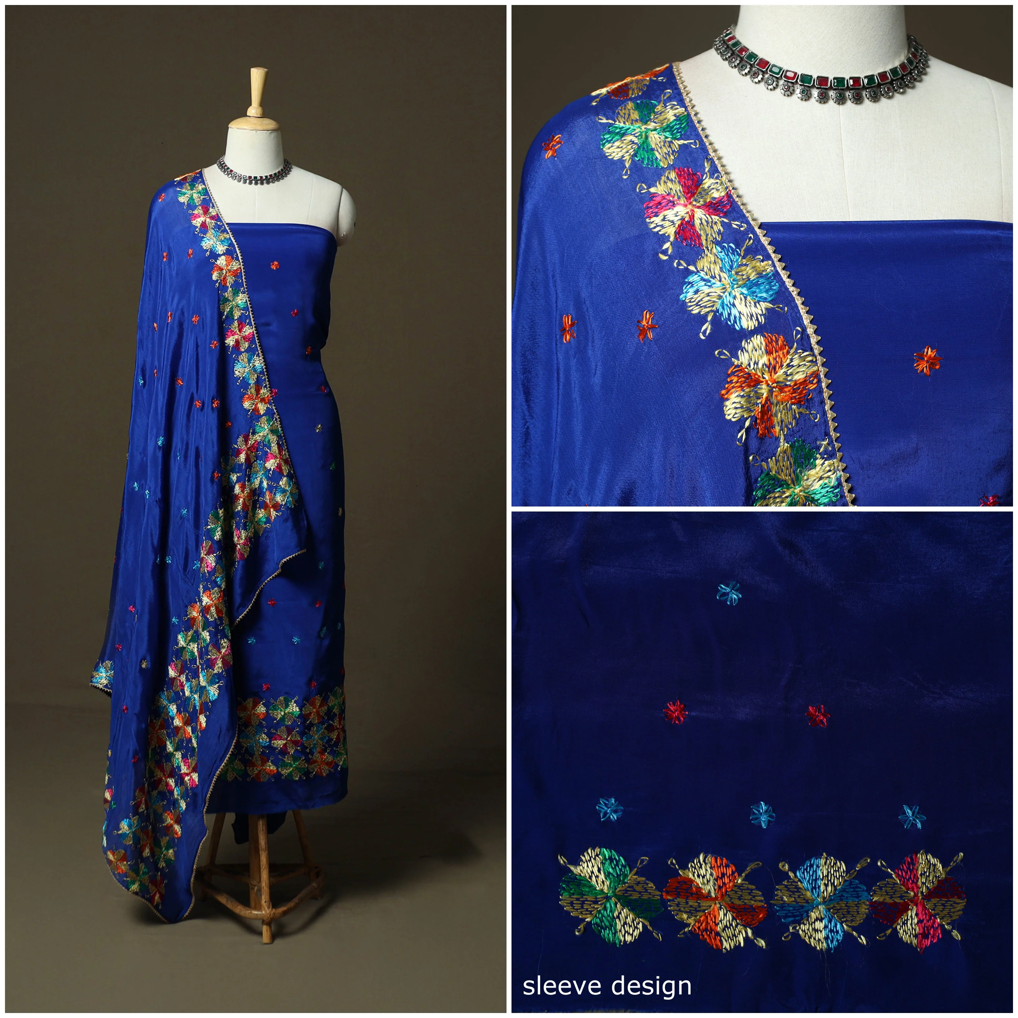 Blue - Phulkari Hand Embroidered Crepe Silk 3pc Unstitched Dress Material 27 - Image 3