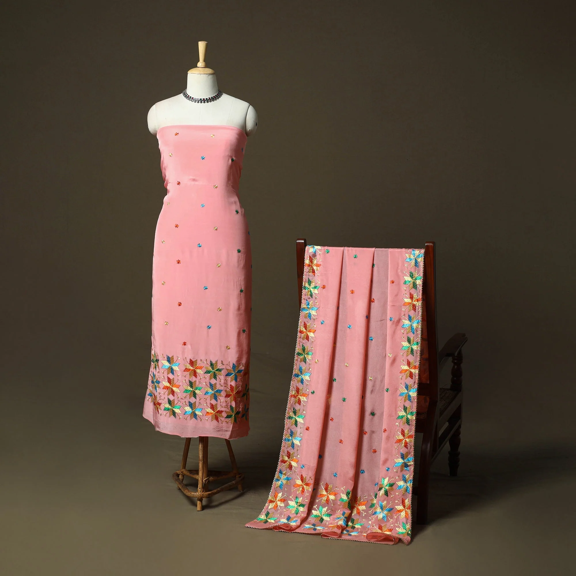 Pink - Phulkari Hand Embroidered Crepe Silk 3pc Unstitched Dress Material 33