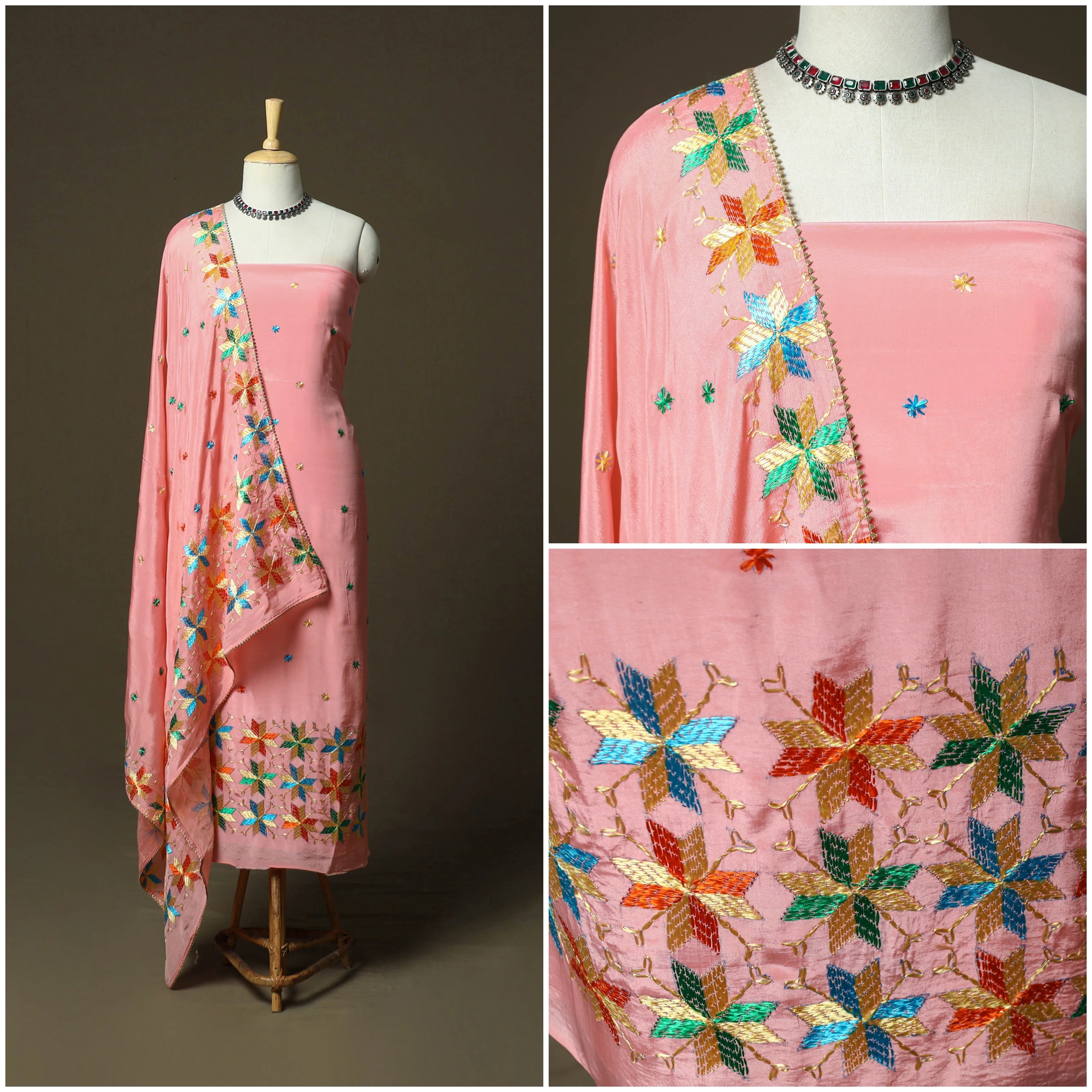 Pink - Phulkari Hand Embroidered Crepe Silk 3pc Unstitched Dress Material 33 - Image 3