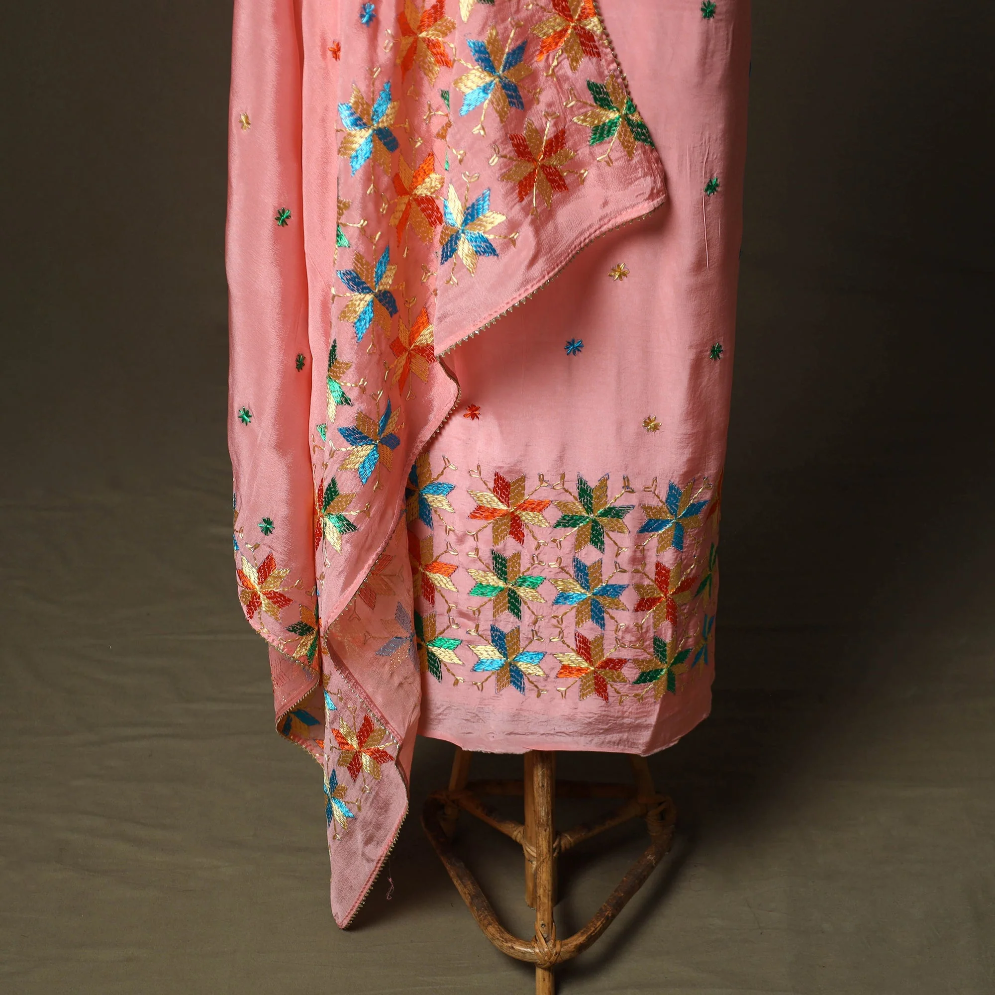 Pink - Phulkari Hand Embroidered Crepe Silk 3pc Unstitched Dress Material 33 - Image 4