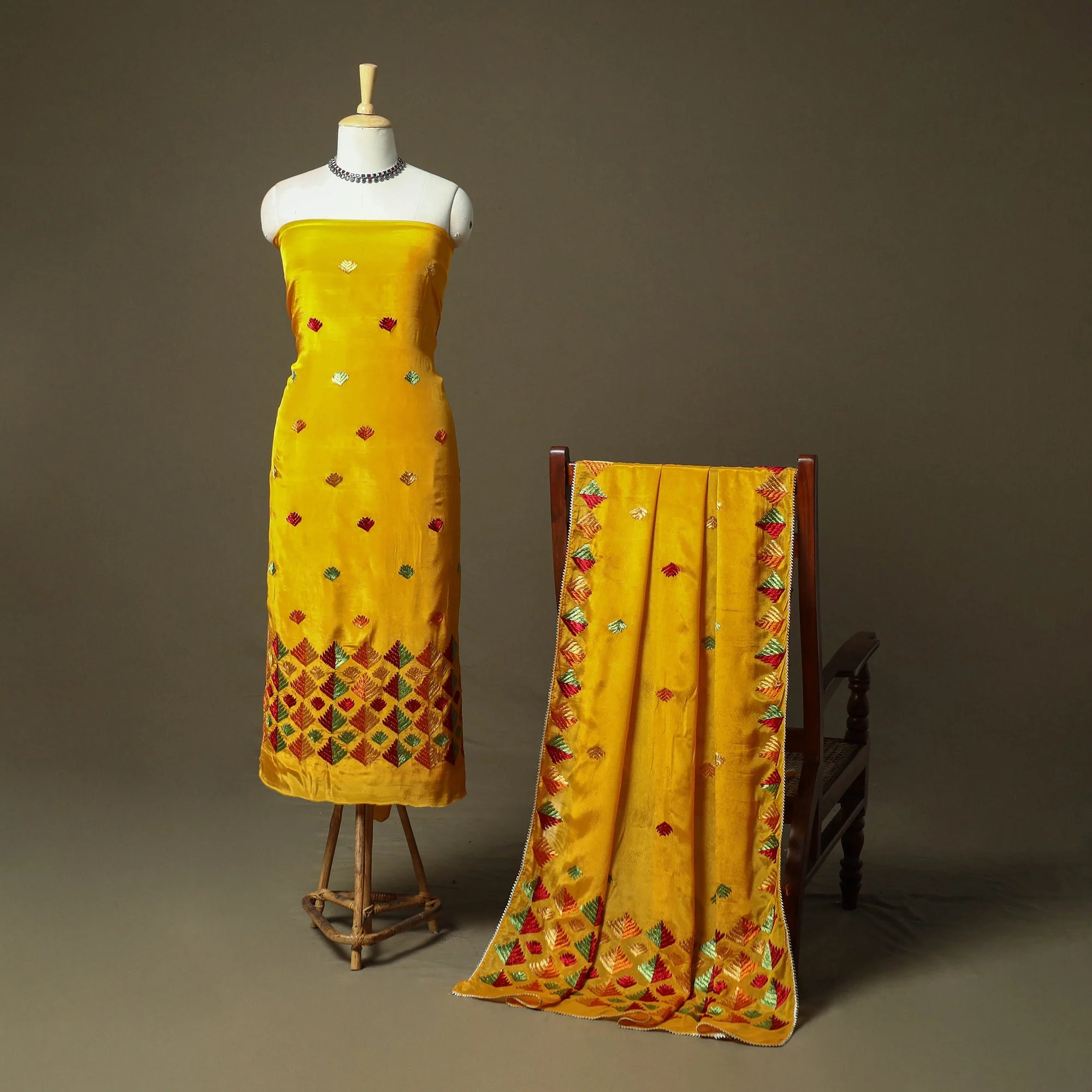 Yellow - Phulkari Hand Embroidered Crepe Silk 3pc Unstitched Dress Material 36