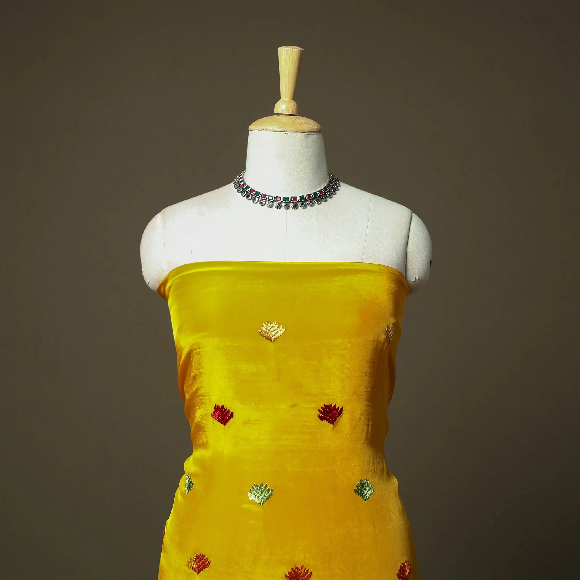 Yellow - Phulkari Hand Embroidered Crepe Silk 3pc Unstitched Dress Material 36 - Image 2