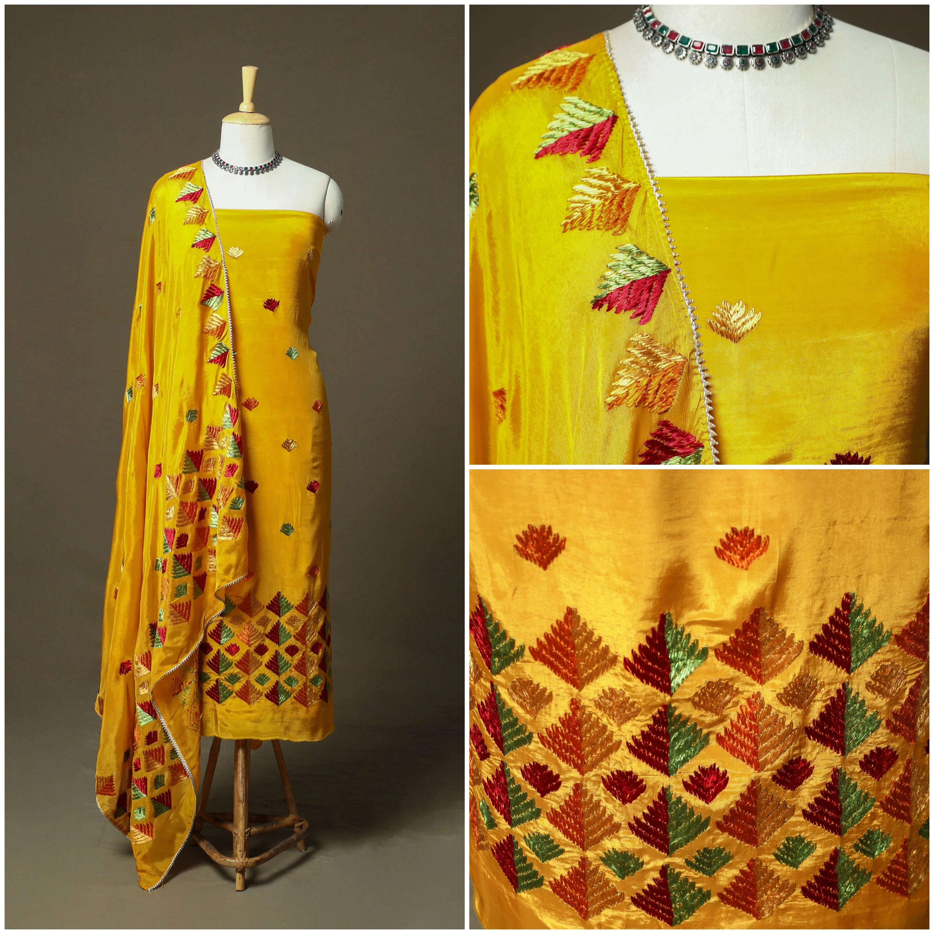 Yellow - Phulkari Hand Embroidered Crepe Silk 3pc Unstitched Dress Material 36 - Image 3