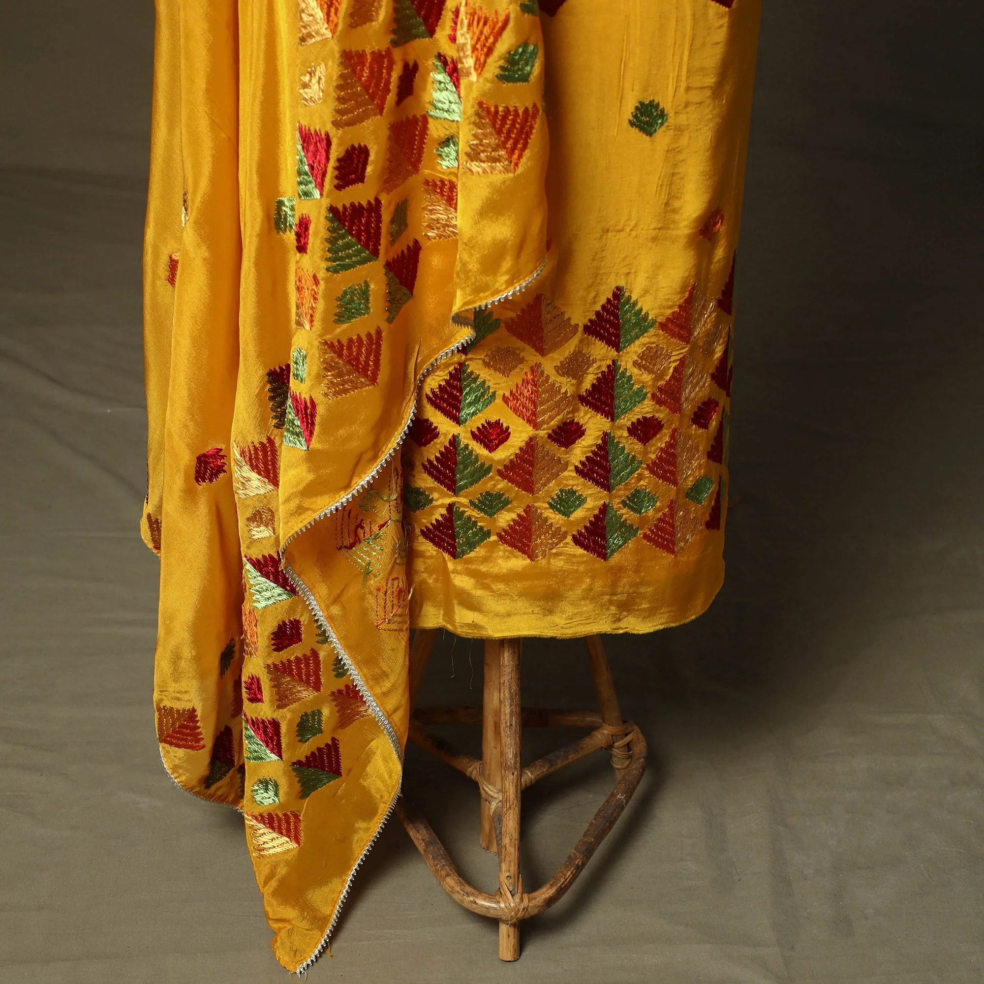 Yellow - Phulkari Hand Embroidered Crepe Silk 3pc Unstitched Dress Material 36 - Image 4