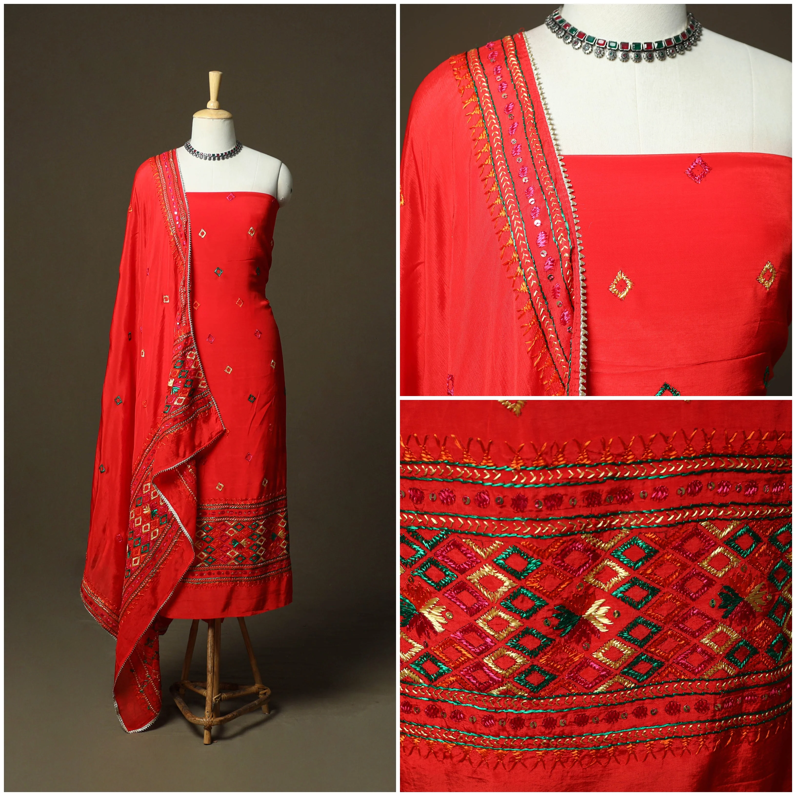 Red - Phulkari Hand Embroidered Crepe Silk 3pc Unstitched Dress Material 45 - Image 3