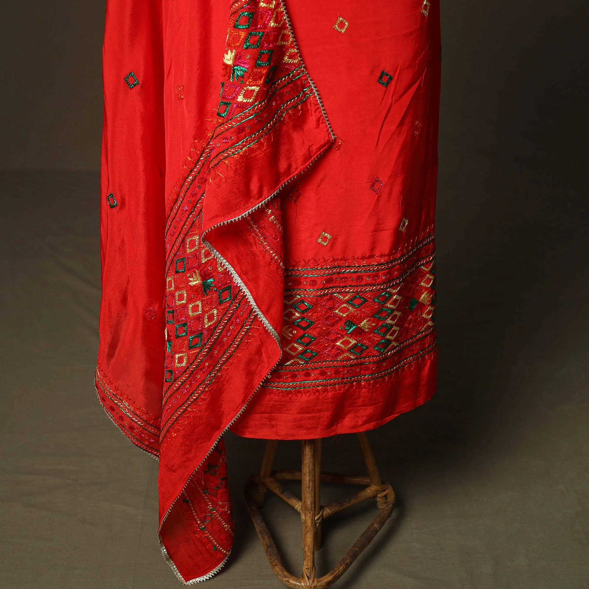 Red - Phulkari Hand Embroidered Crepe Silk 3pc Unstitched Dress Material 45 - Image 4