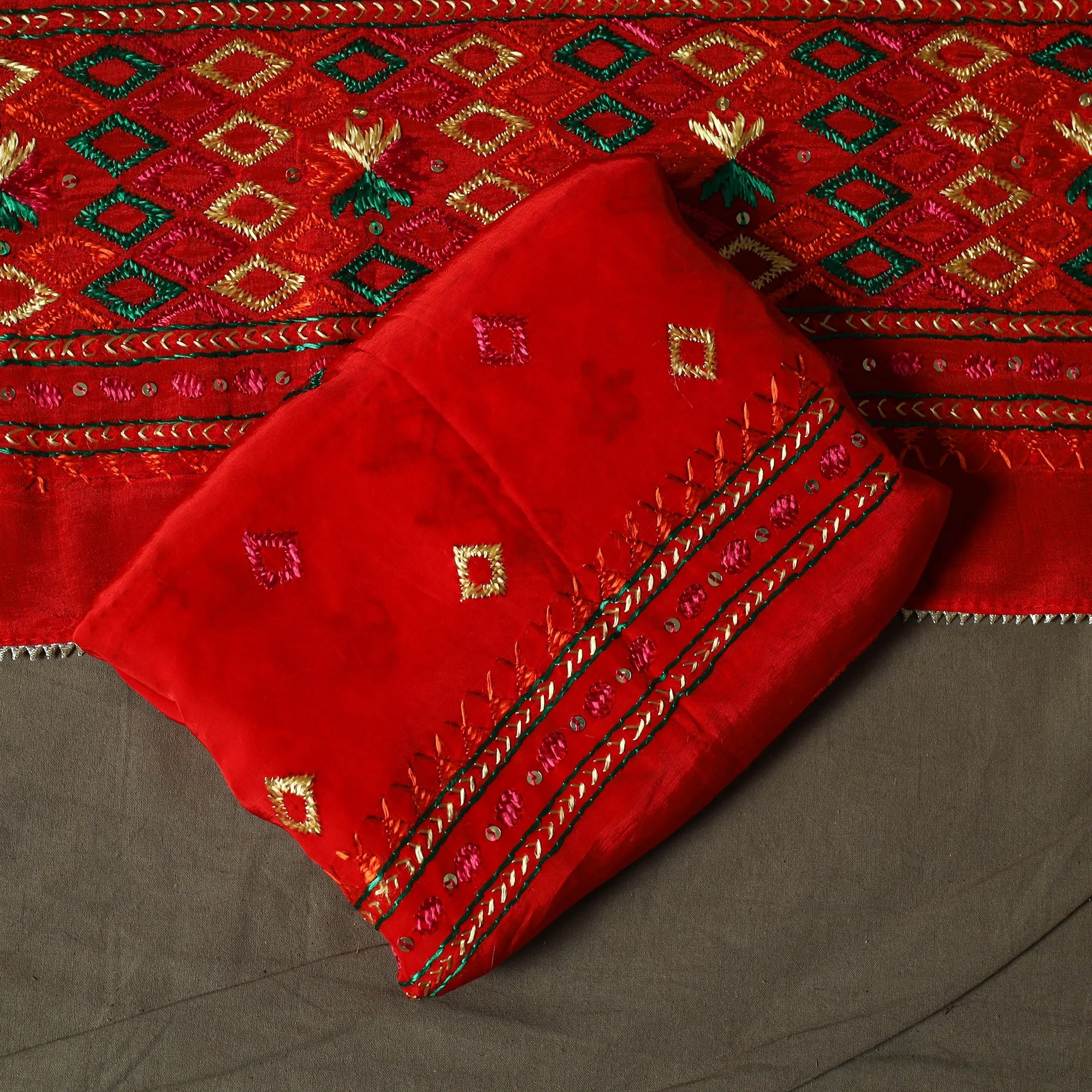 Red - Phulkari Hand Embroidered Crepe Silk 3pc Unstitched Dress Material 45 - Image 5