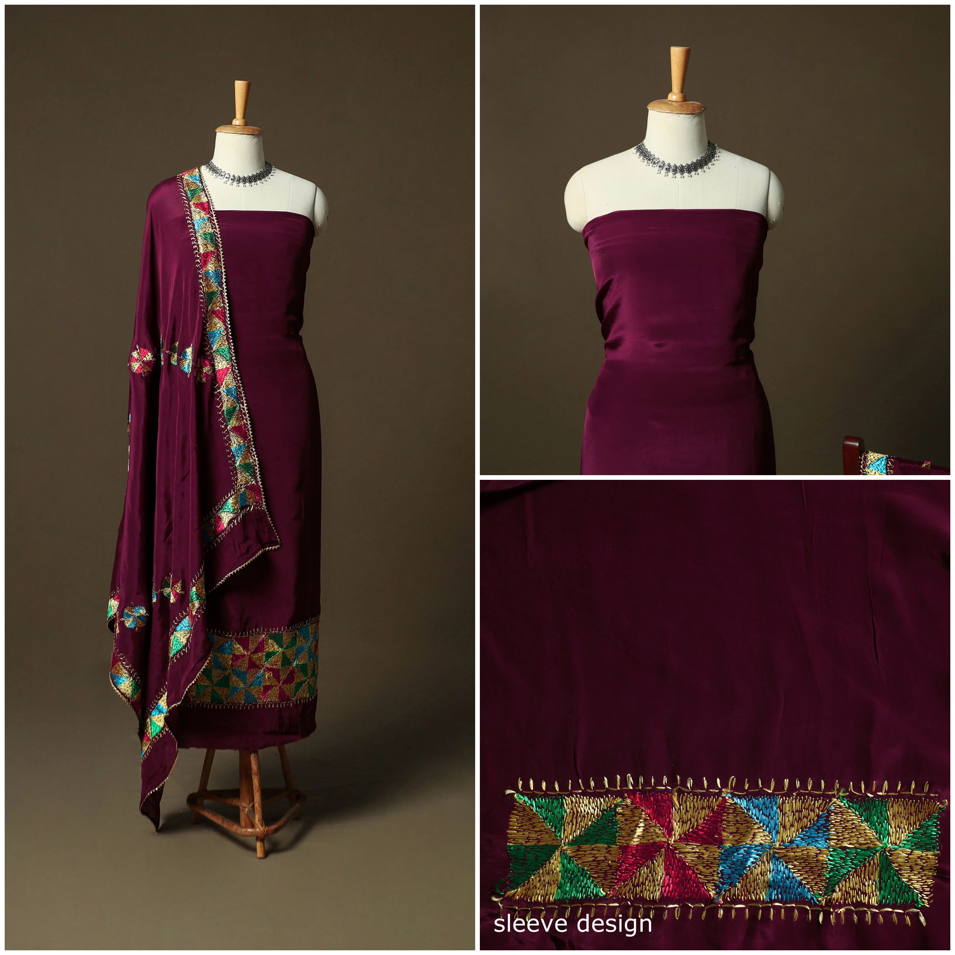 Phulkari Hand Embroidered Crepe Silk 3pc Unstitched Dress Material Suit Set 03 - Image 3