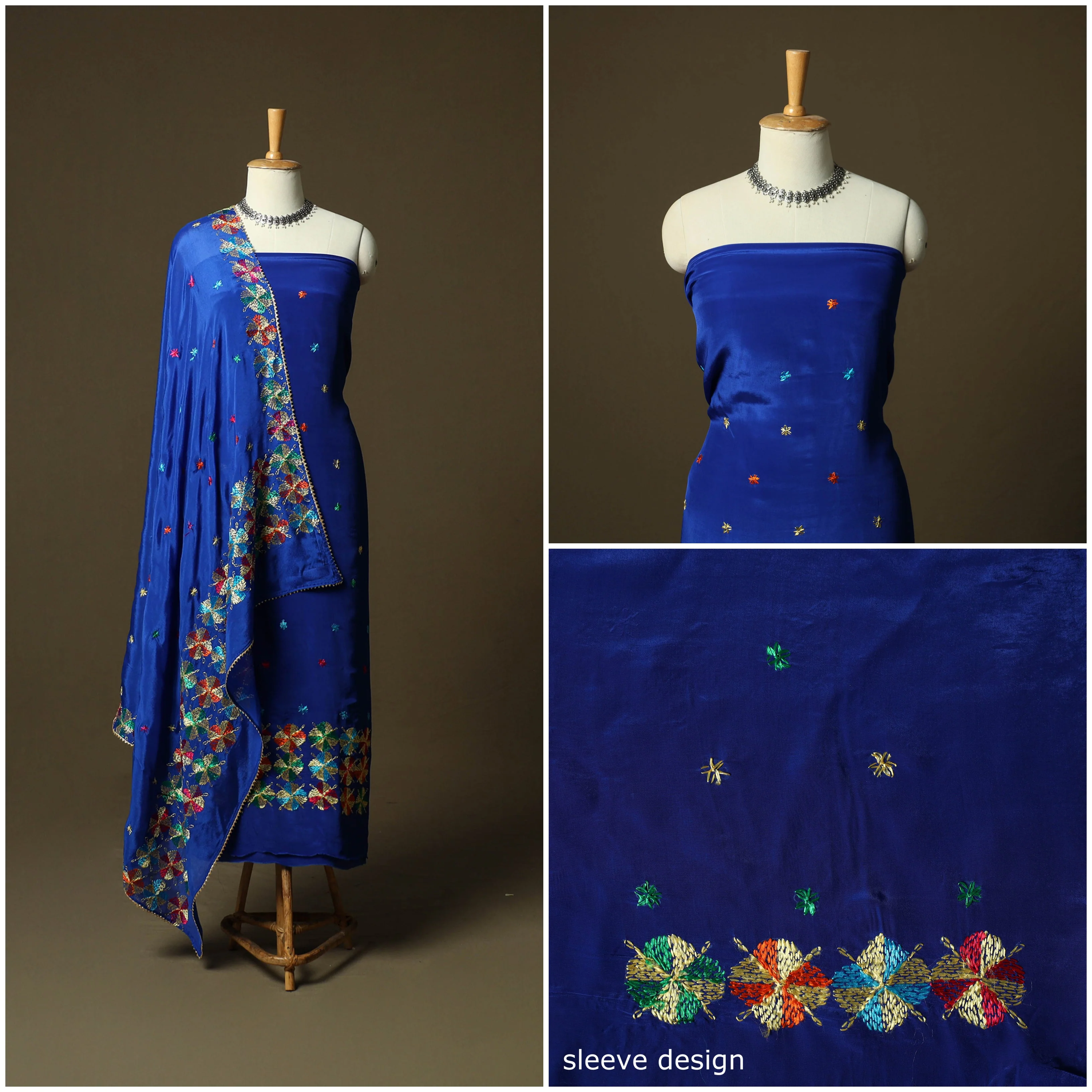Phulkari Hand Embroidered Crepe Silk 3pc Unstitched Dress Material Suit Set 07 - Image 3