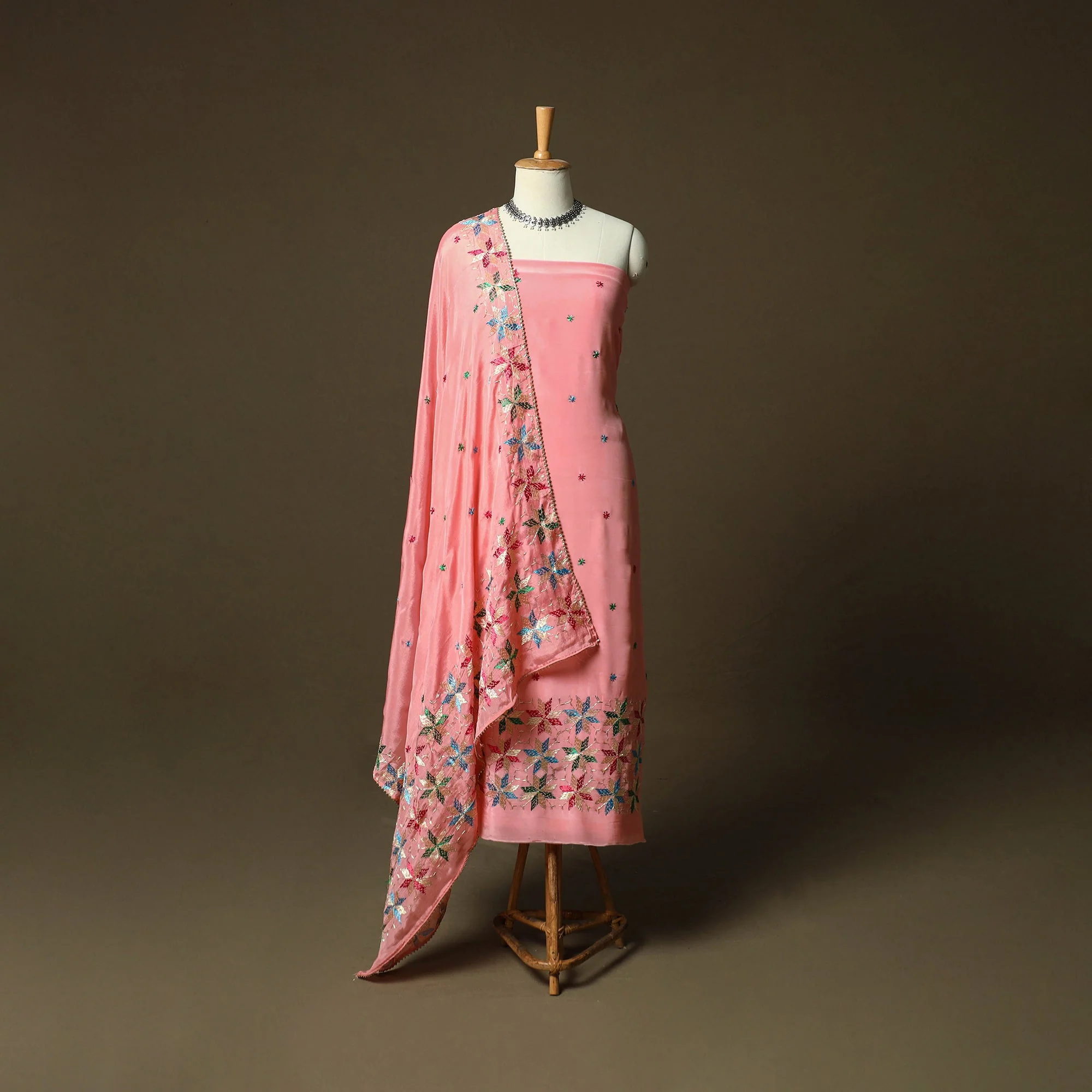 Phulkari Hand Embroidered Crepe Silk 3pc Unstitched Dress Material Suit Set 20