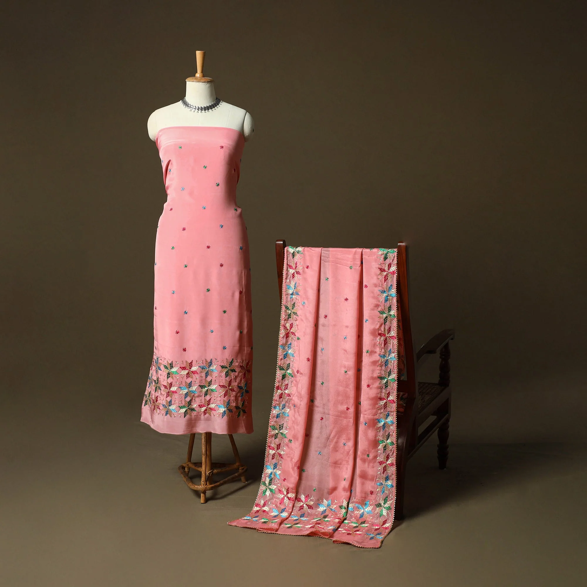 Phulkari Hand Embroidered Crepe Silk 3pc Unstitched Dress Material Suit Set 20 - Image 2