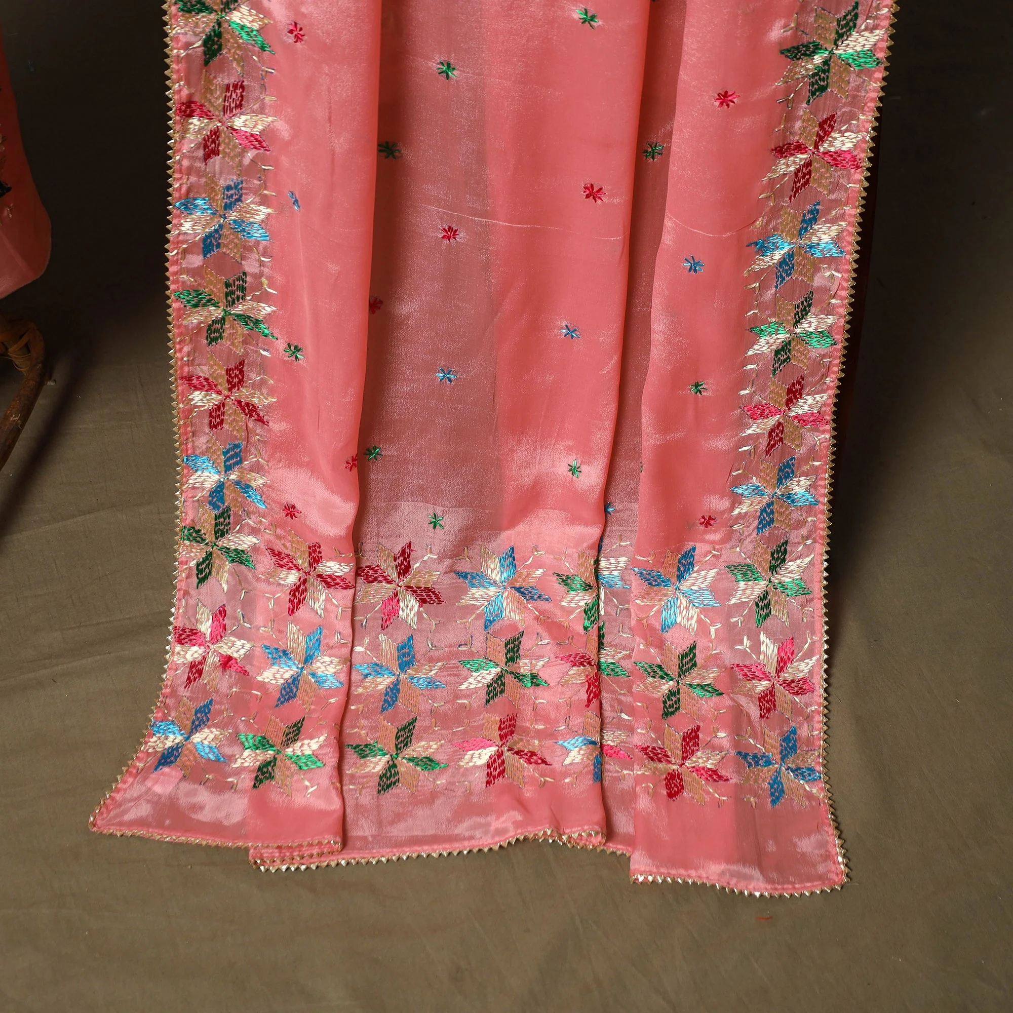 Phulkari Hand Embroidered Crepe Silk 3pc Unstitched Dress Material Suit Set 20 - Image 4