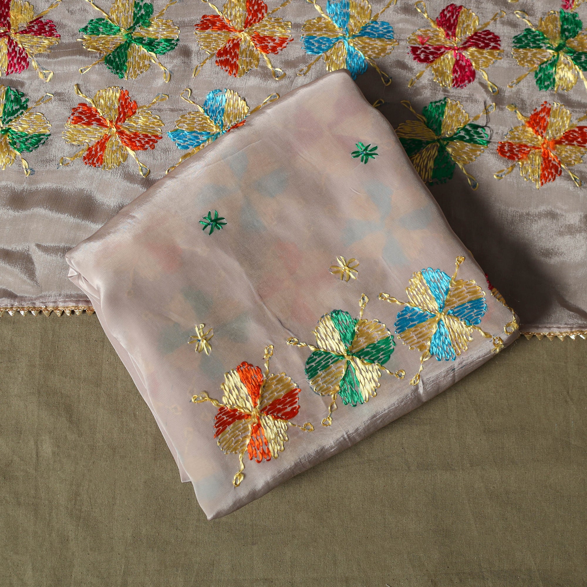 Phulkari Hand Embroidered Crepe Silk 3pc Unstitched Dress Material Suit Set 21 - Image 5