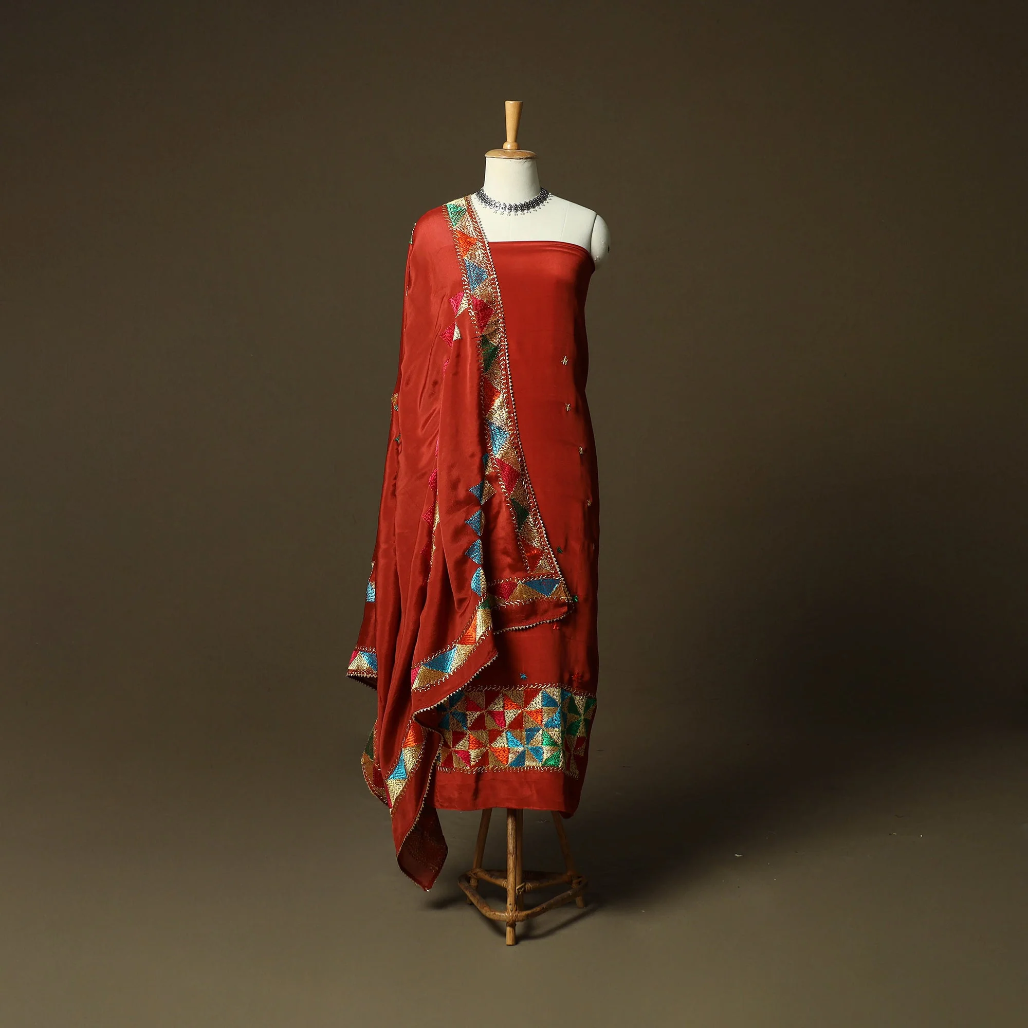 Phulkari Hand Embroidered Crepe Silk 3pc Unstitched Dress Material Suit Set 26