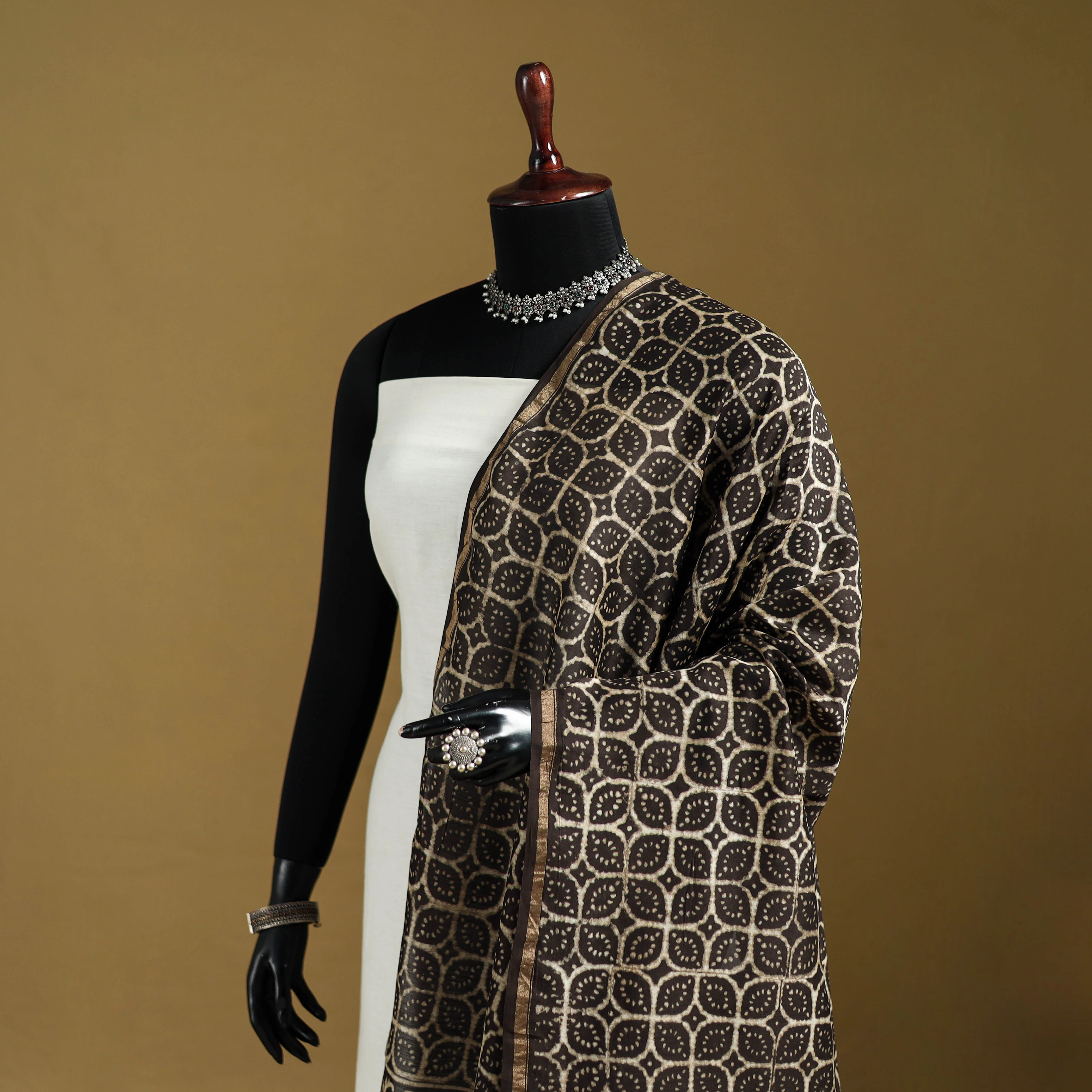 Brown - Pipad Hand Block Print Natural Dyed Chanderi Silk Handloom Dupatta 22 - Image 2