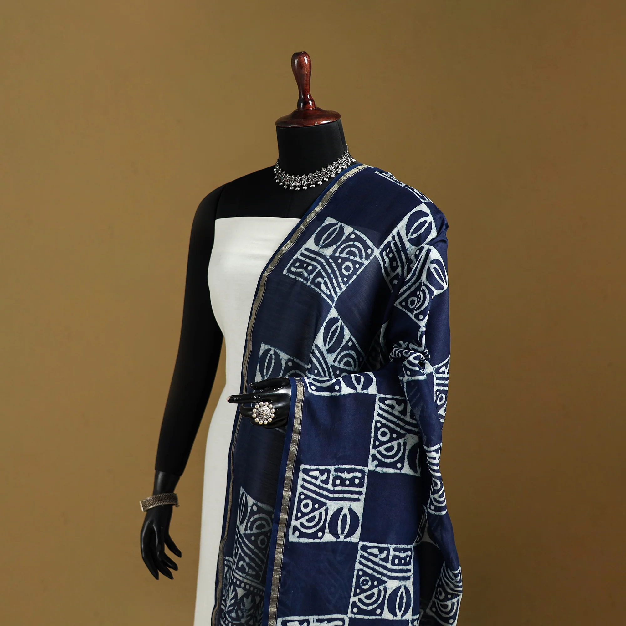 Blue - Pipad Hand Block Print Natural Dyed Chanderi Silk Handloom Dupatta 42 - Image 2