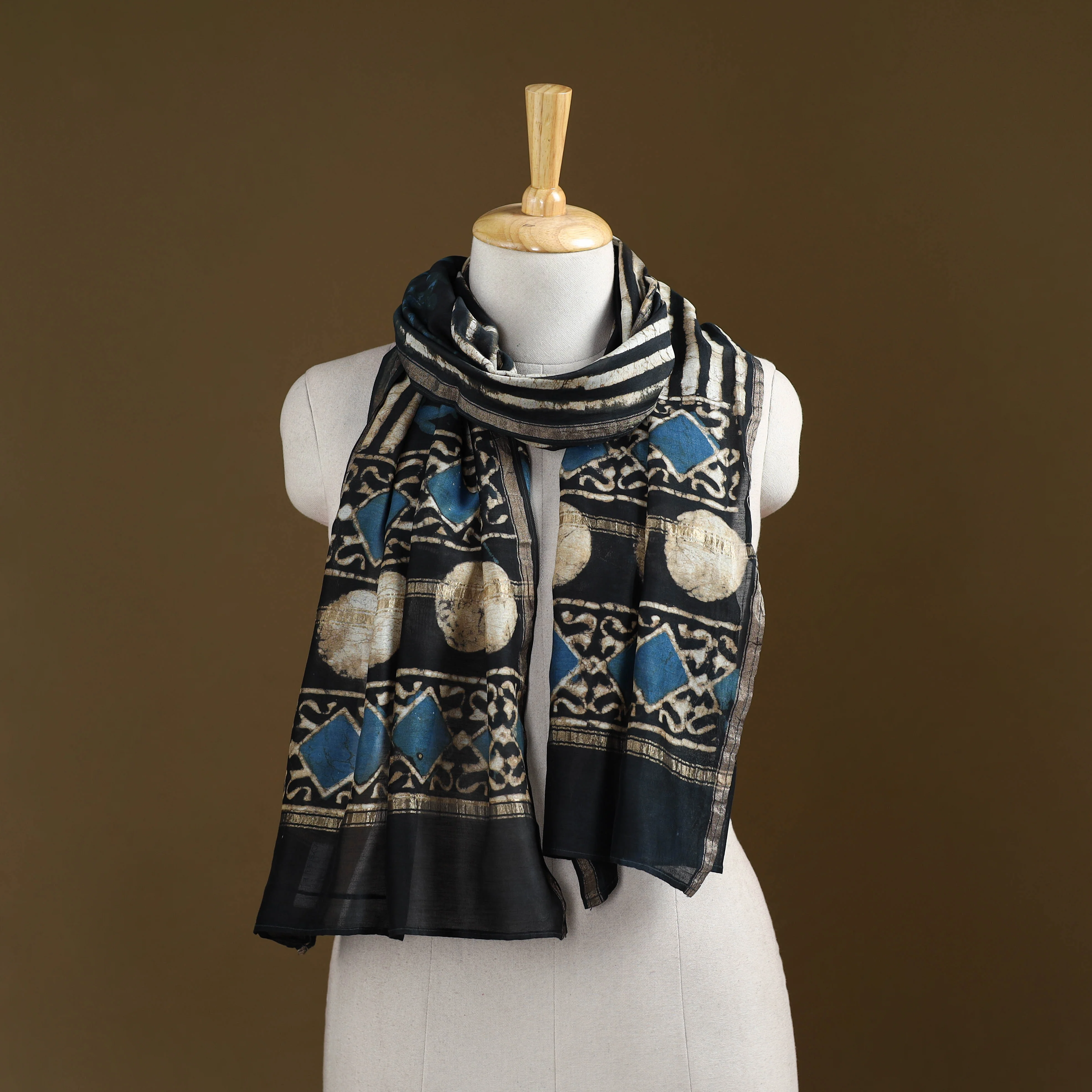 Black - Pipad Hand Block Print Natural Dyed Chanderi Silk Handloom Stole 03