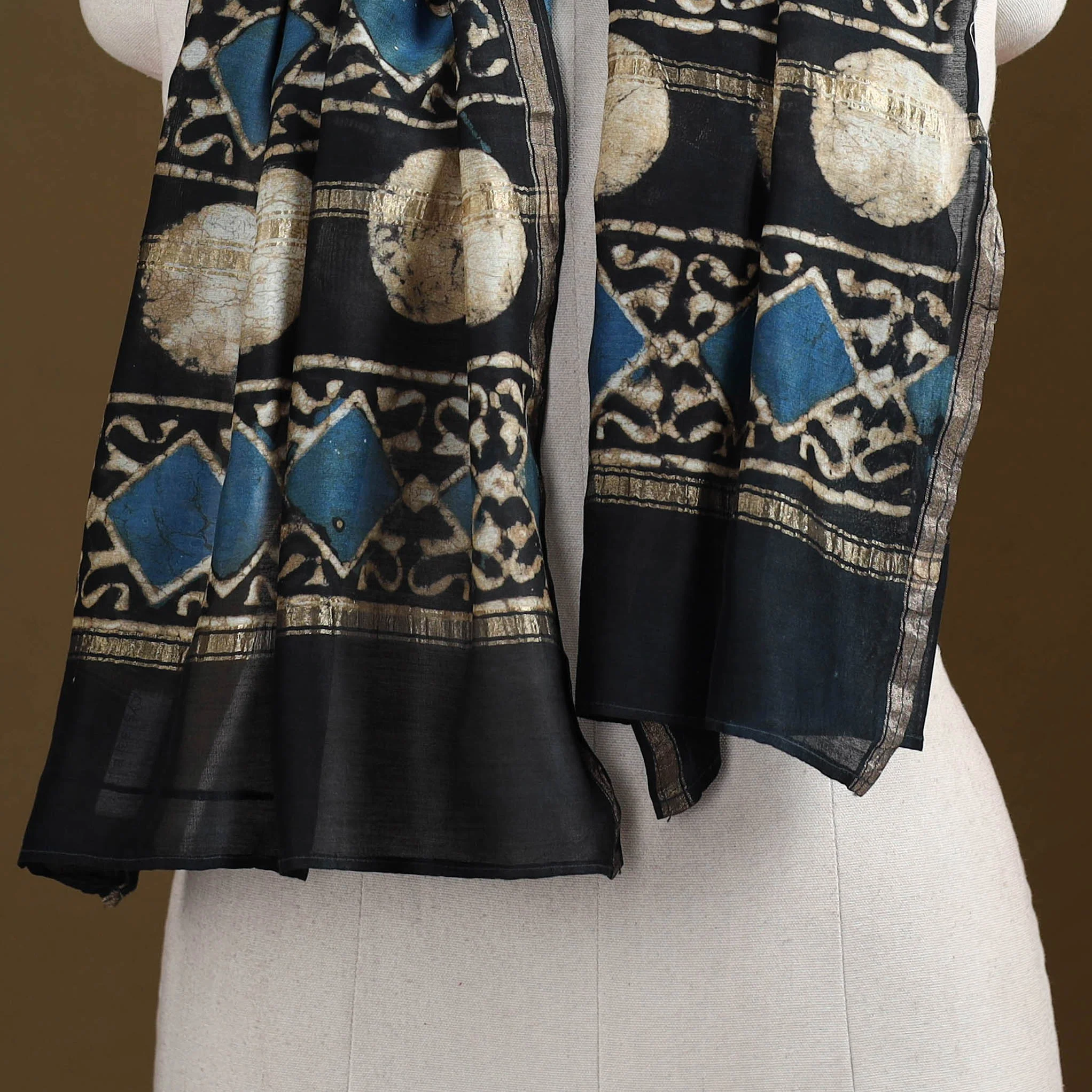 Black - Pipad Hand Block Print Natural Dyed Chanderi Silk Handloom Stole 03 - Image 2