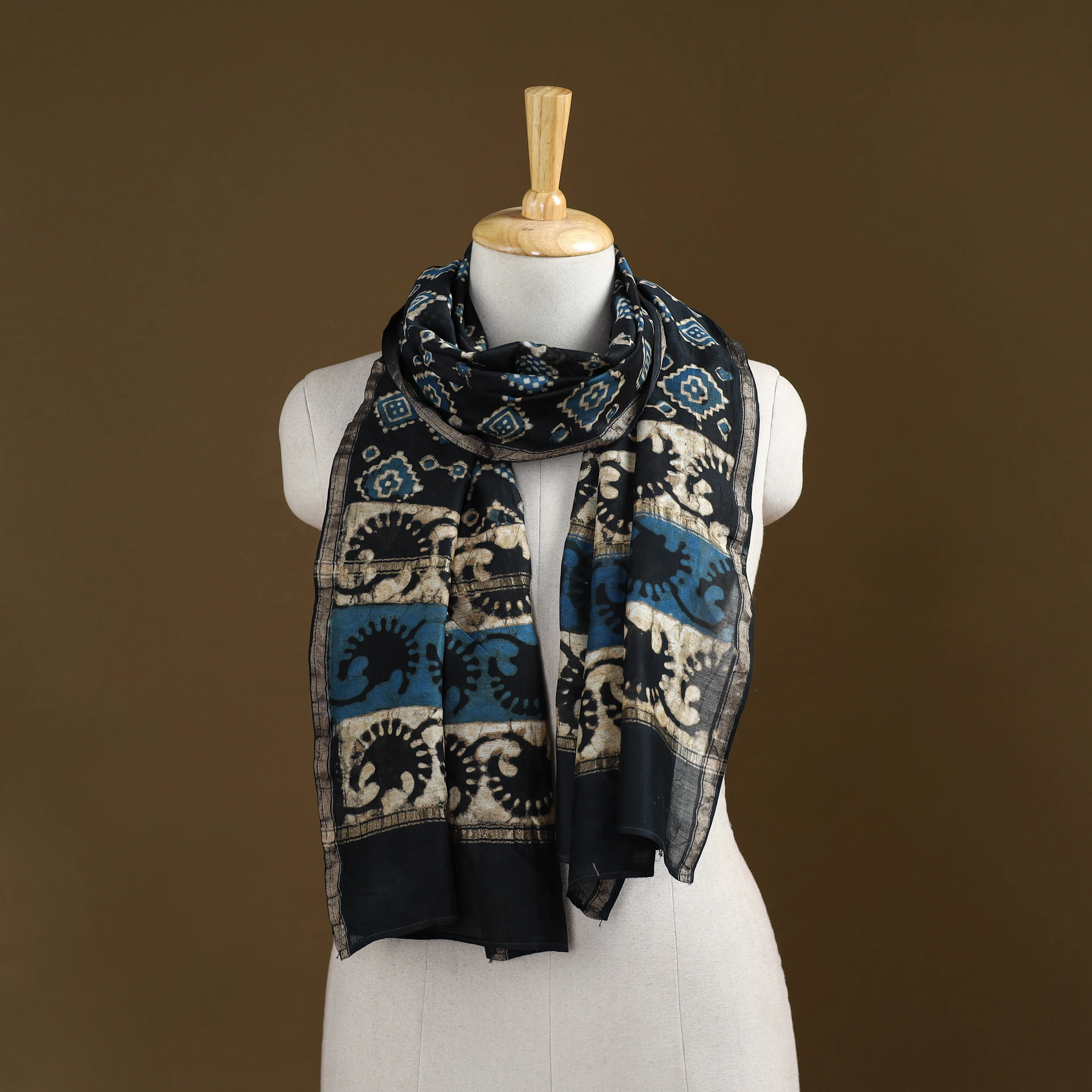 Black - Pipad Hand Block Print Natural Dyed Chanderi Silk Handloom Stole 04