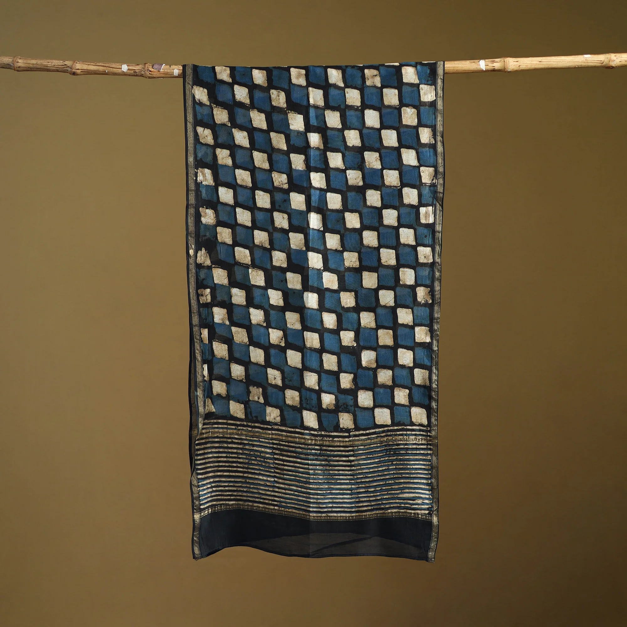 Black - Pipad Hand Block Print Natural Dyed Chanderi Silk Handloom Stole 07 - Image 3