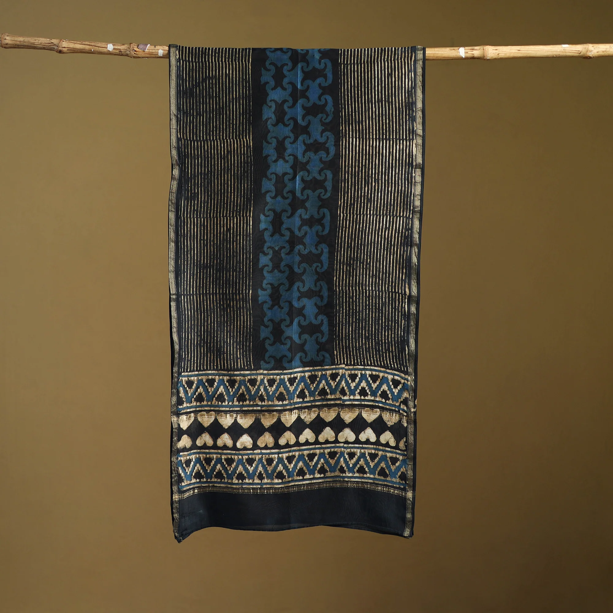 Black - Pipad Hand Block Print Natural Dyed Chanderi Silk Handloom Stole 09 - Image 3