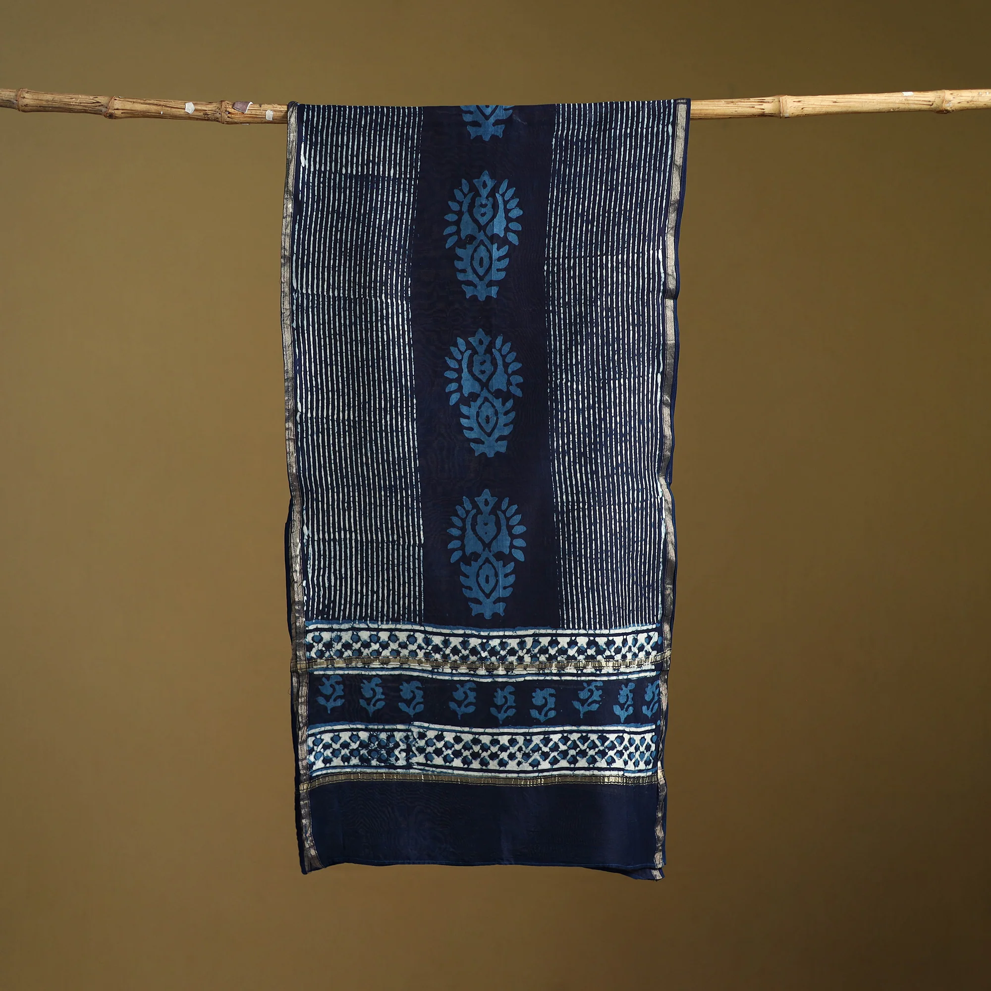 Blue - Pipad Hand Block Print Natural Dyed Chanderi Silk Handloom Stole 35 - Image 3