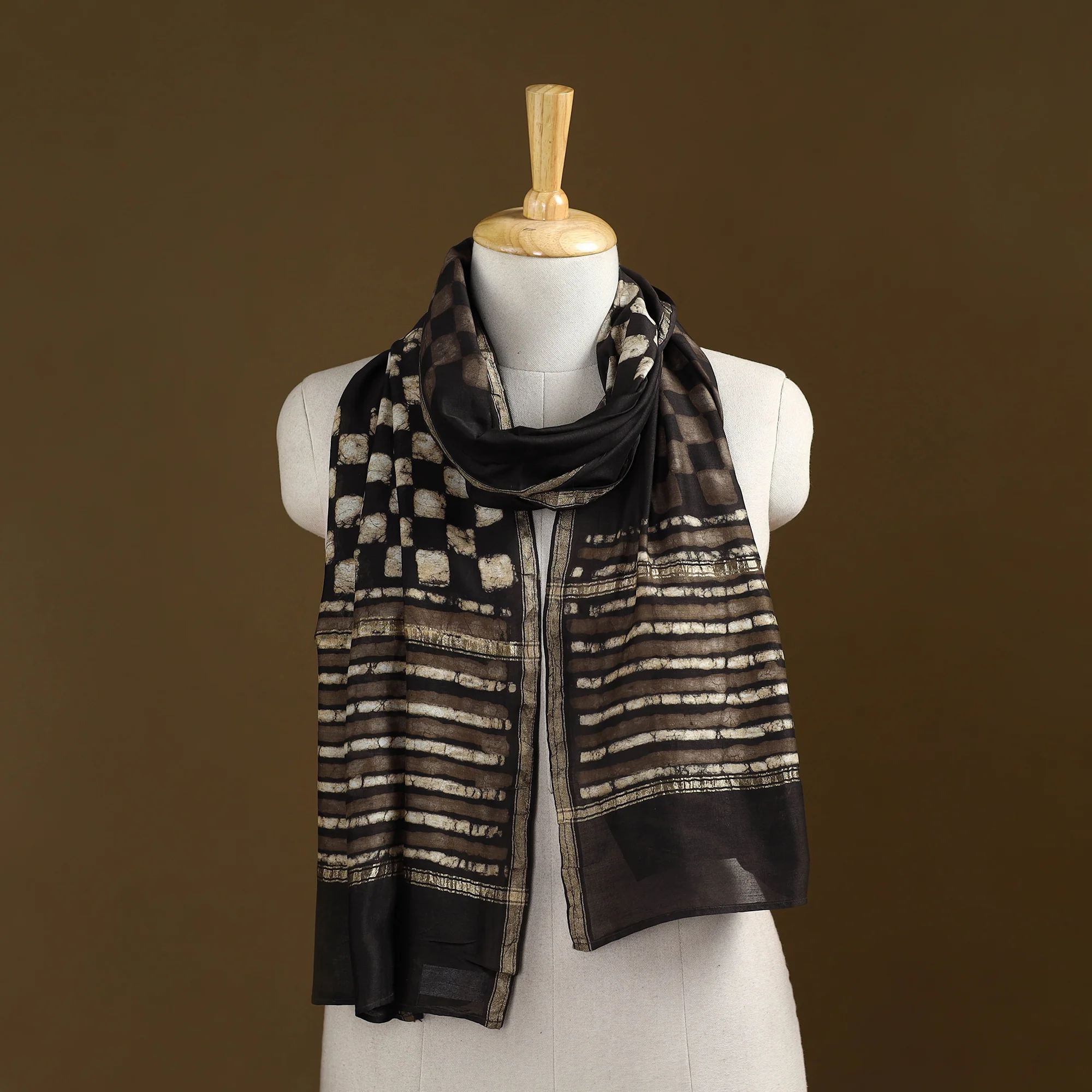 Brown - Pipad Hand Block Print Natural Dyed Chanderi Silk Handloom Stole 55