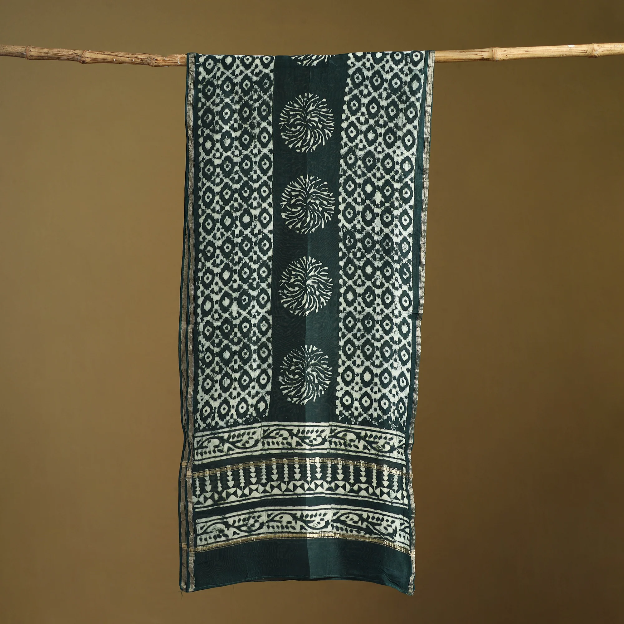 Green - Pipad Hand Block Print Natural Dyed Chanderi Silk Handloom Stole 65 - Image 3