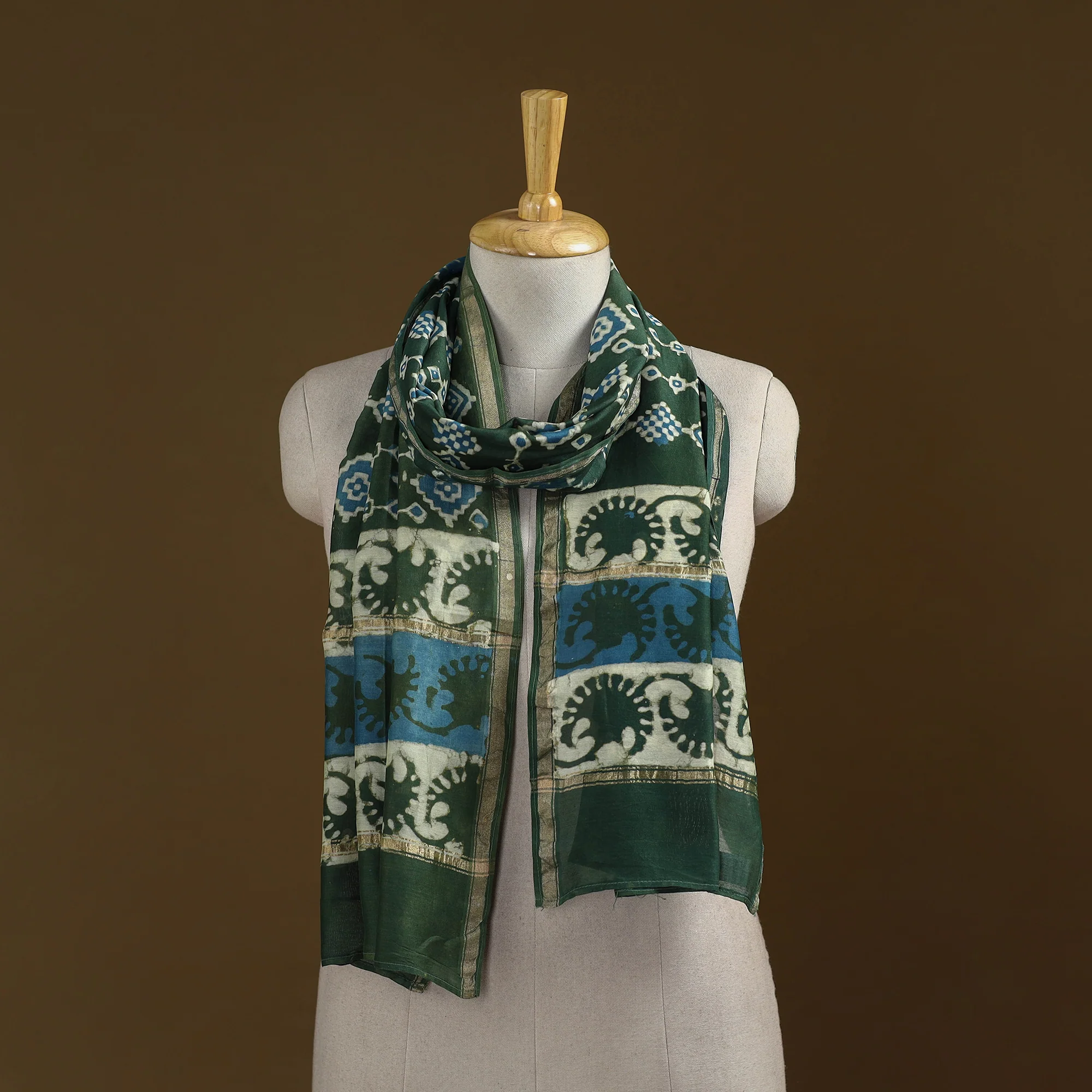 Green - Pipad Hand Block Print Natural Dyed Chanderi Silk Handloom Stole 71