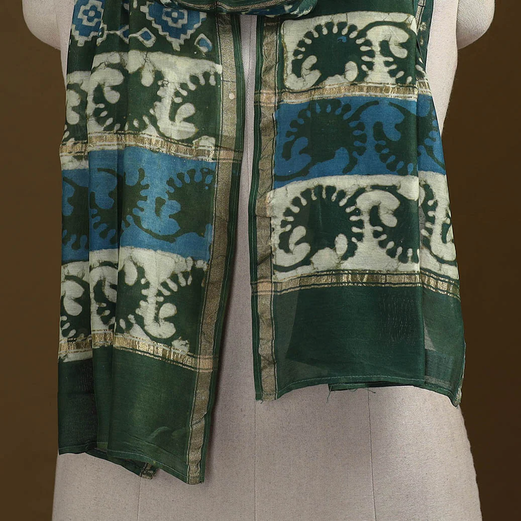 Green - Pipad Hand Block Print Natural Dyed Chanderi Silk Handloom Stole 71 - Image 2