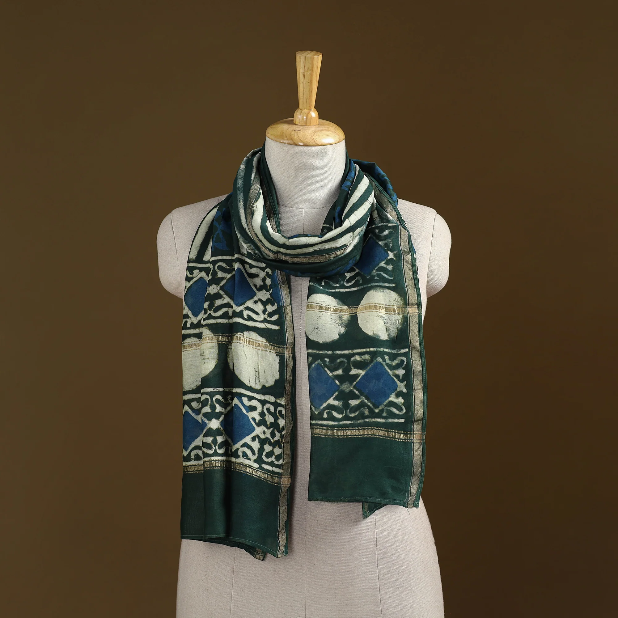 Green - Pipad Hand Block Print Natural Dyed Chanderi Silk Handloom Stole 77