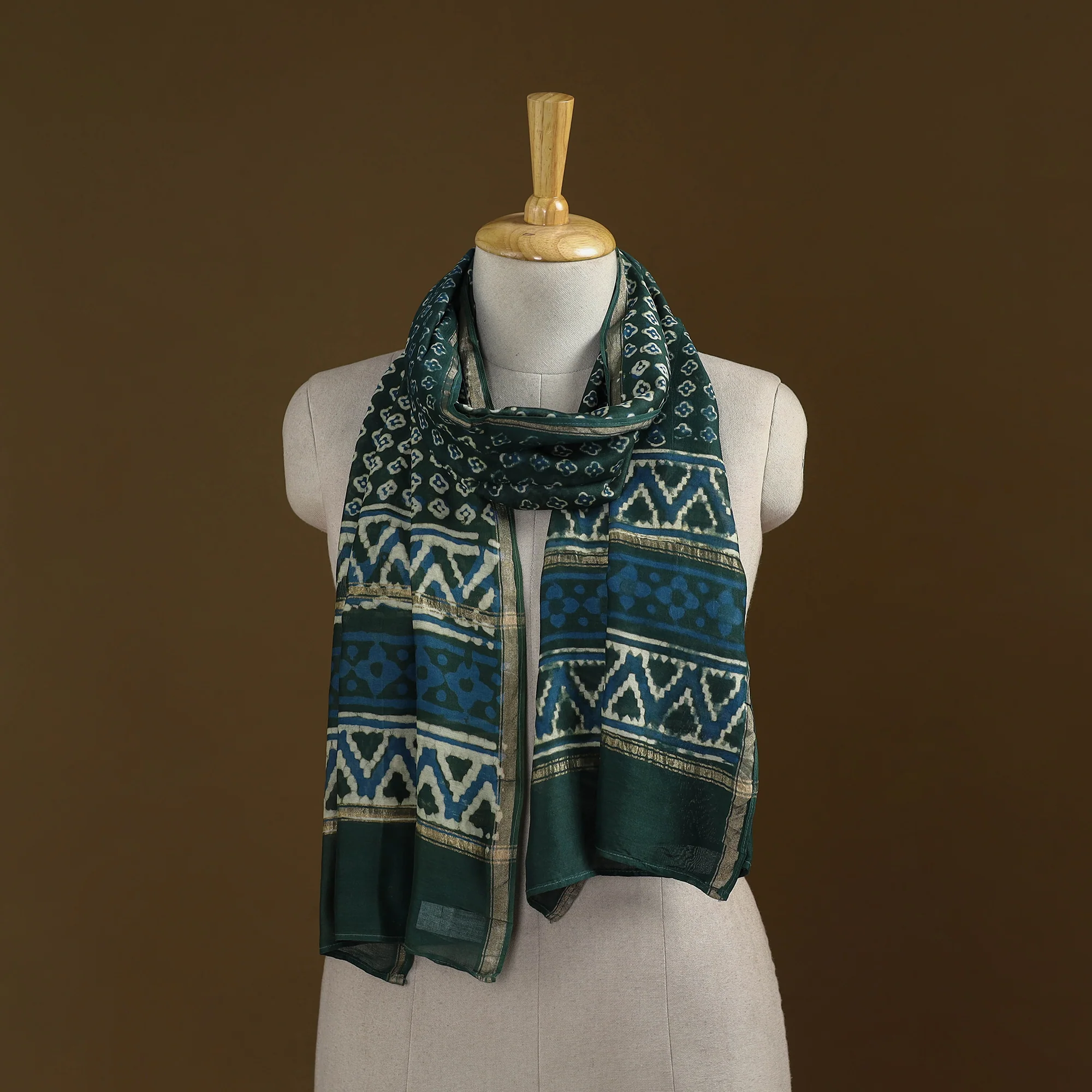 Green - Pipad Hand Block Print Natural Dyed Chanderi Silk Handloom Stole 79