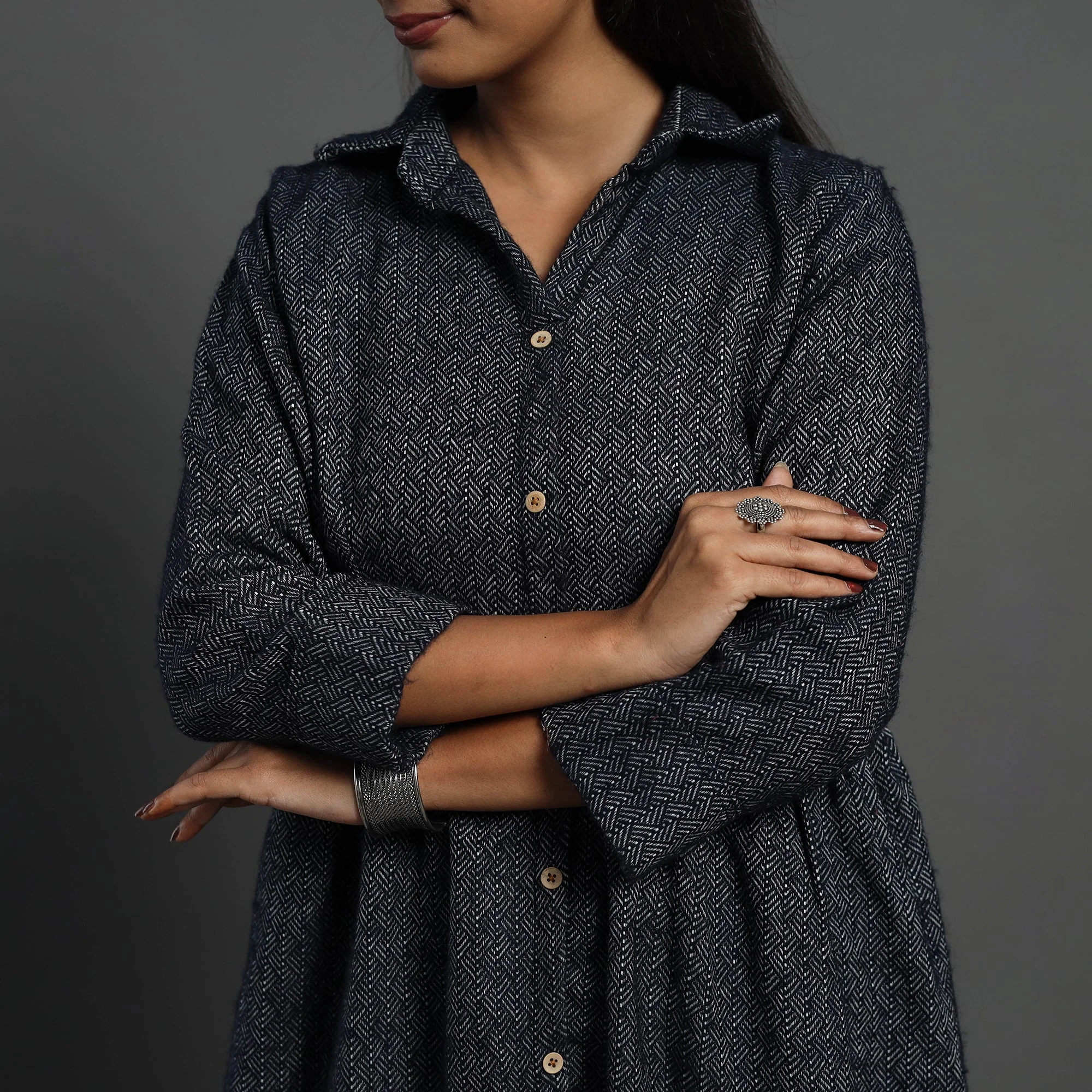 Zahira Black Plain Button Down Woollen Dress 06 - Image 6