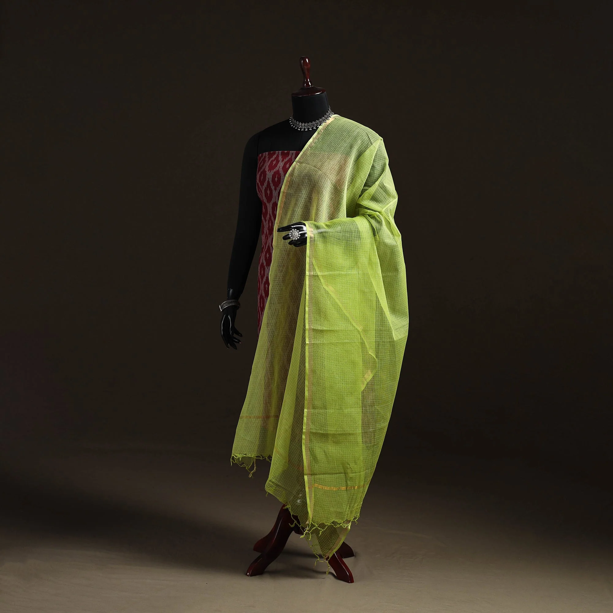 Green - Plain Cotton Kota Doria Dupatta 03