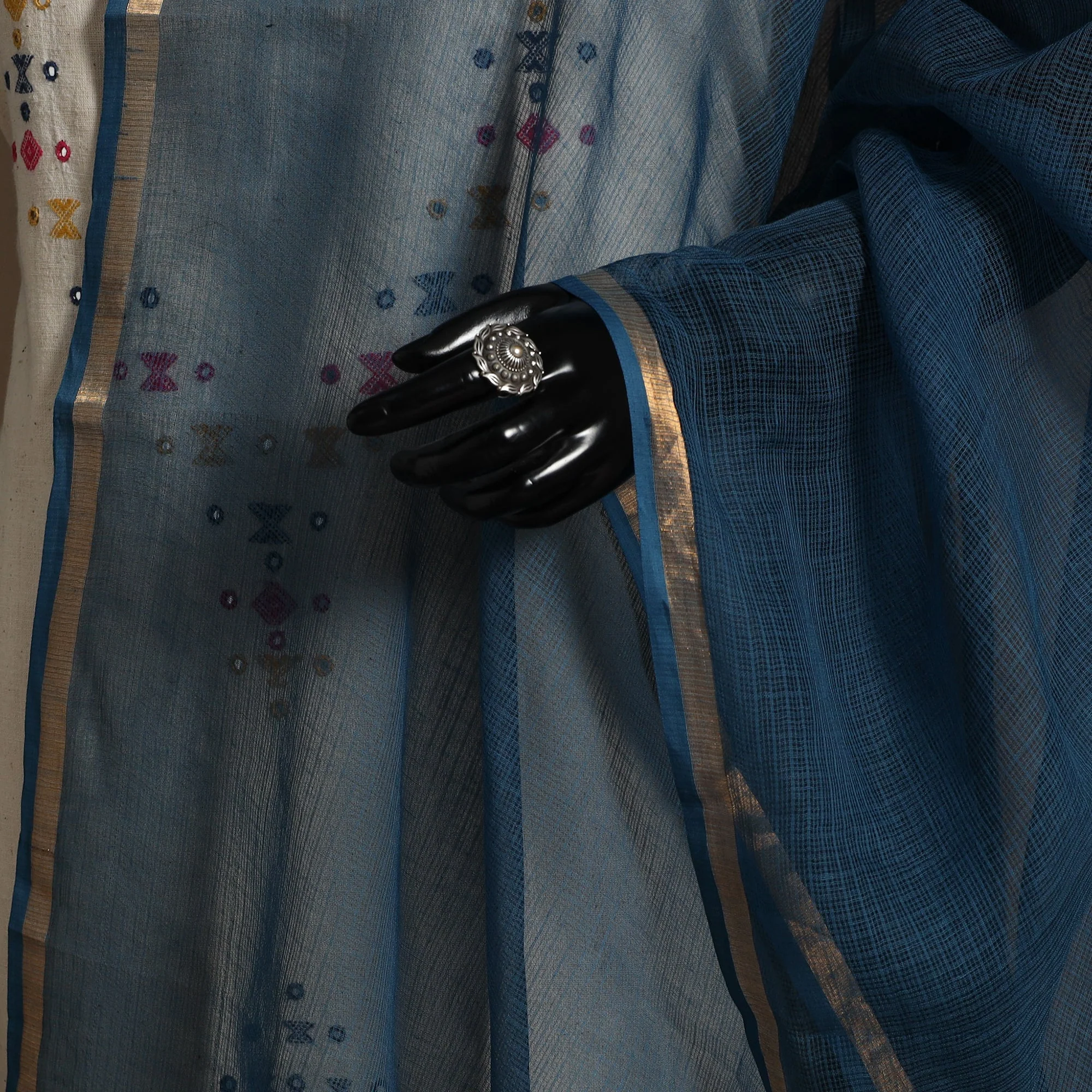 Blue - Plain Cotton Kota Doria Dupatta 04 - Image 3