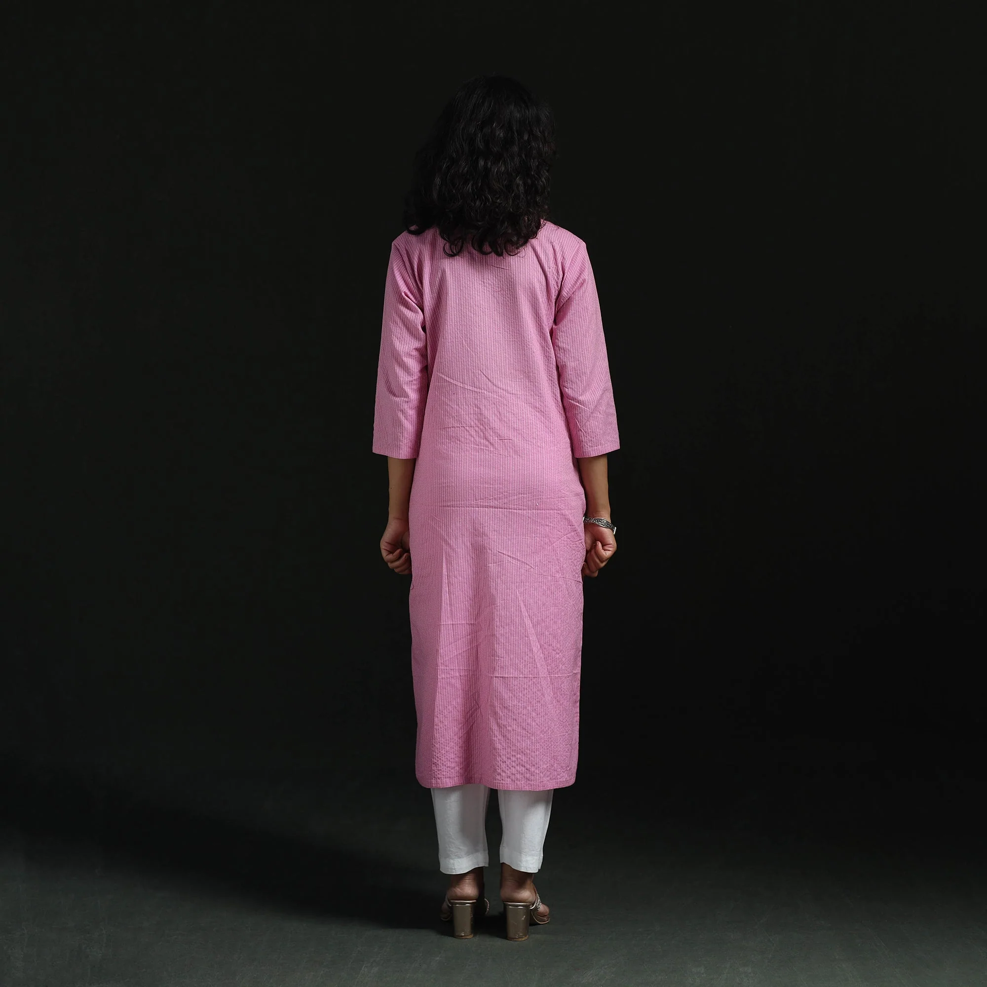 Pink - Plain Running Stitch Pintuck Straight Cotton Kurta for women 06 - Image 5