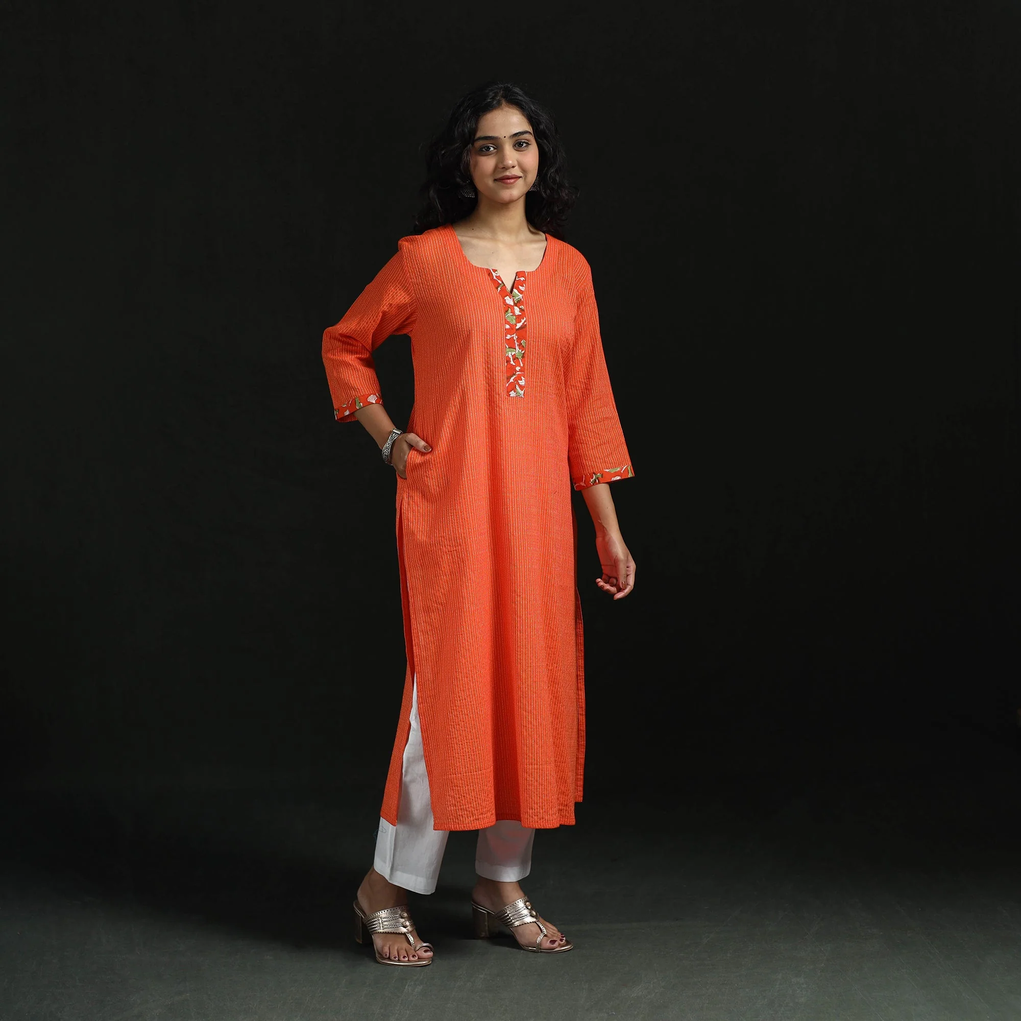 Orange - Plain Running Stitch Straight Cotton Kurta for women 02 - Image 2