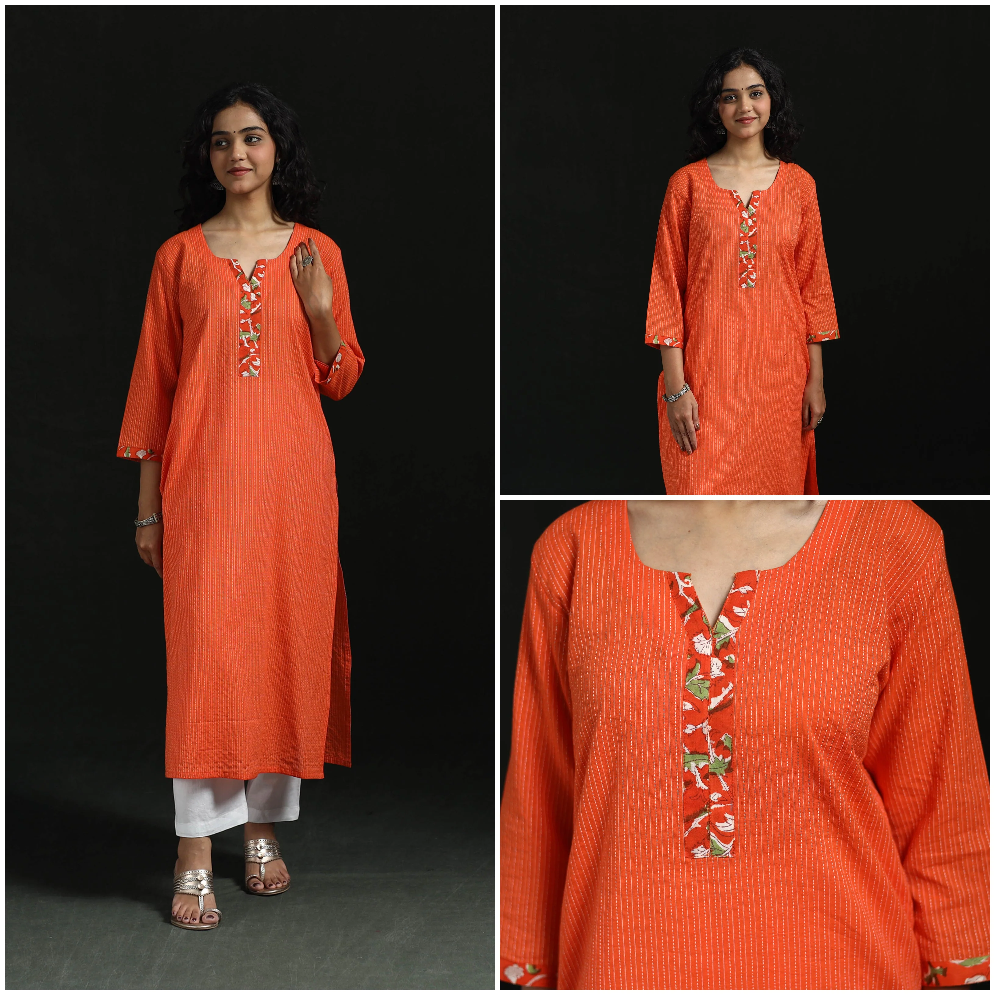 Orange - Plain Running Stitch Straight Cotton Kurta for women 02 - Image 3