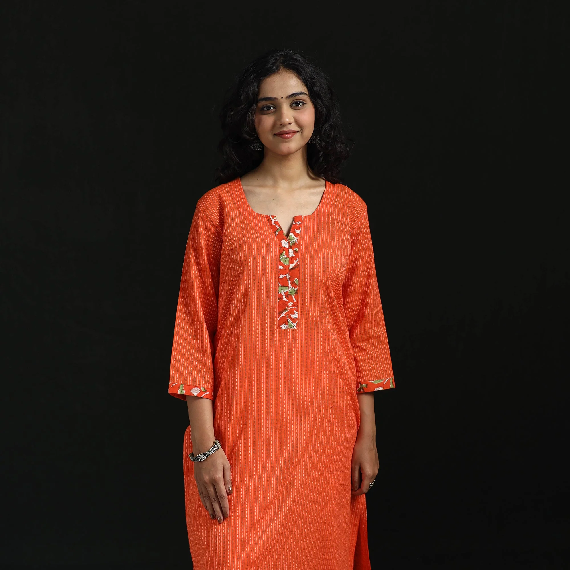 Orange - Plain Running Stitch Straight Cotton Kurta for women 02 - Image 4