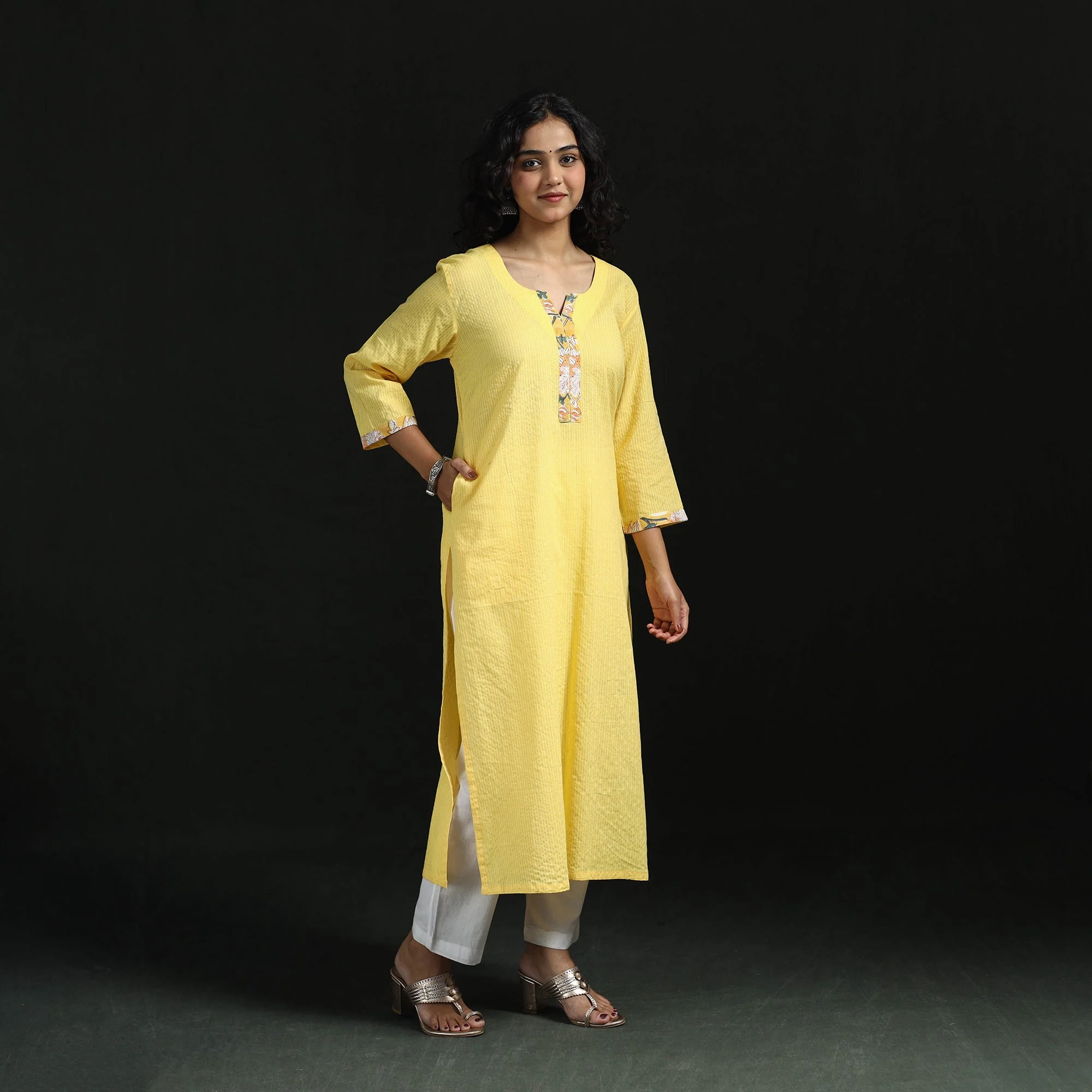 Yellow - Plain Running Stitch Straight Cotton Kurta for women 03 - Image 2