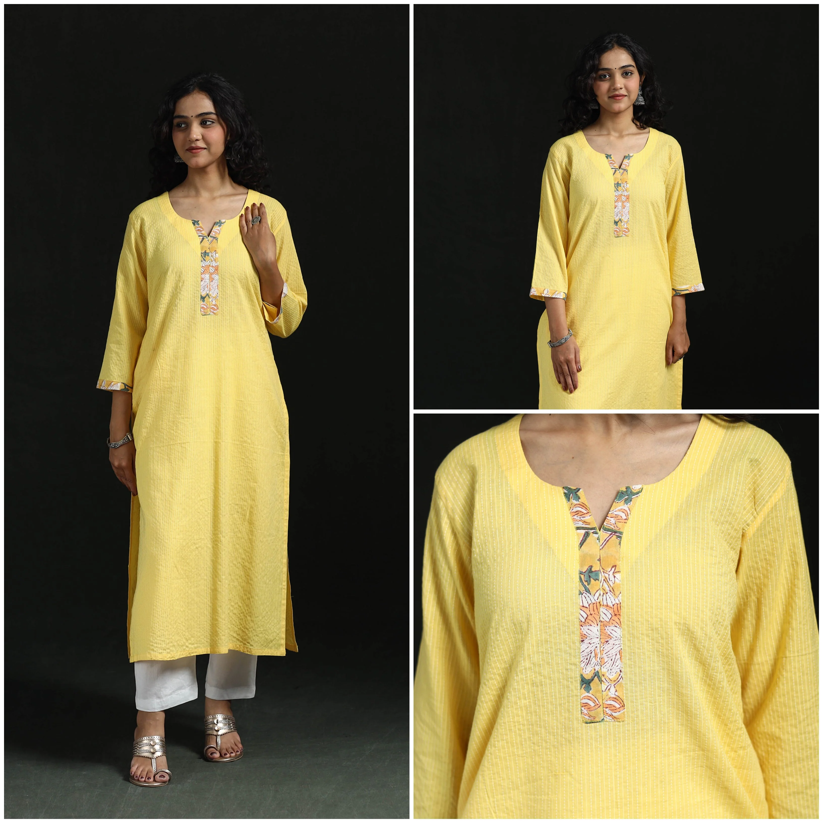 Yellow - Plain Running Stitch Straight Cotton Kurta for women 03 - Image 3