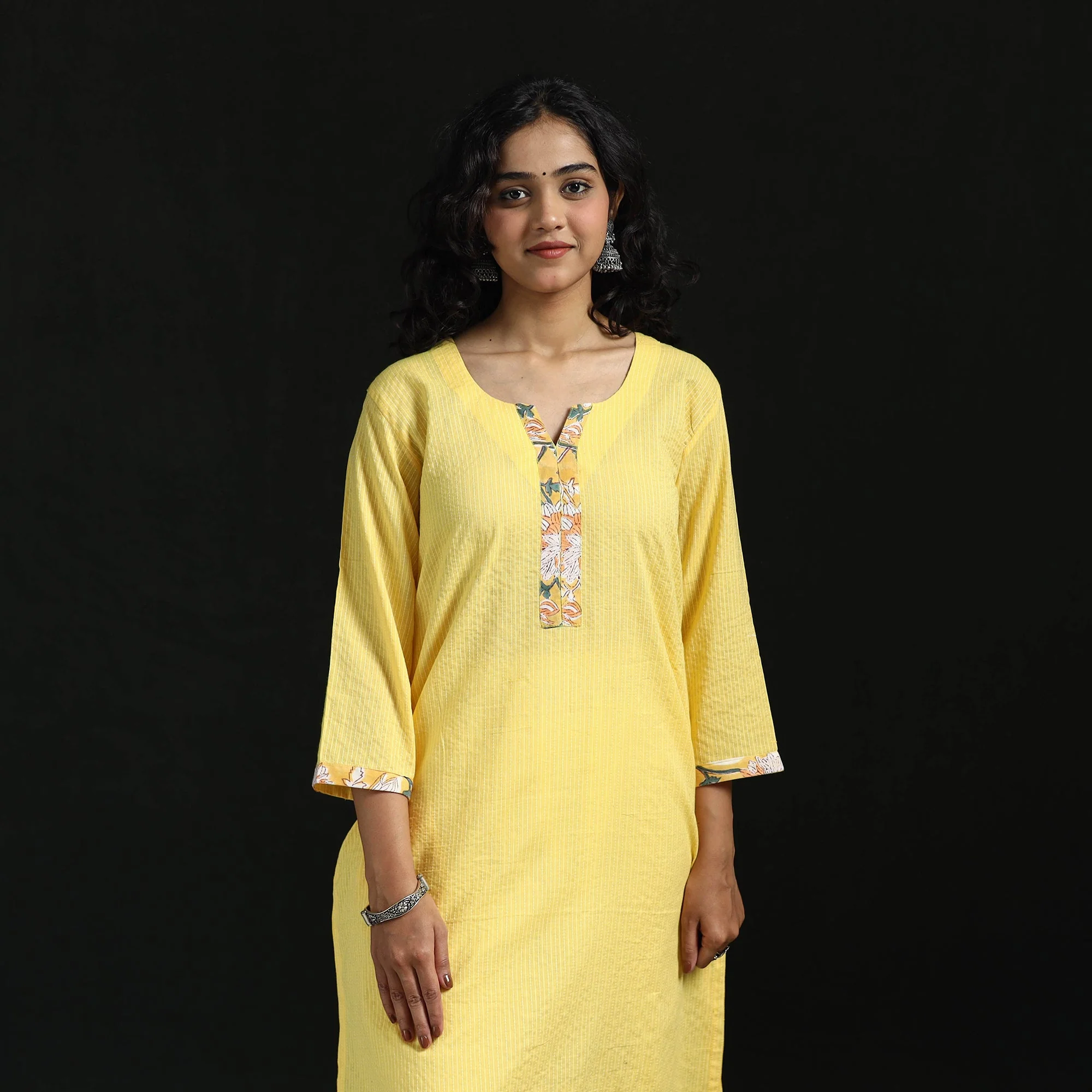 Yellow - Plain Running Stitch Straight Cotton Kurta for women 03 - Image 4