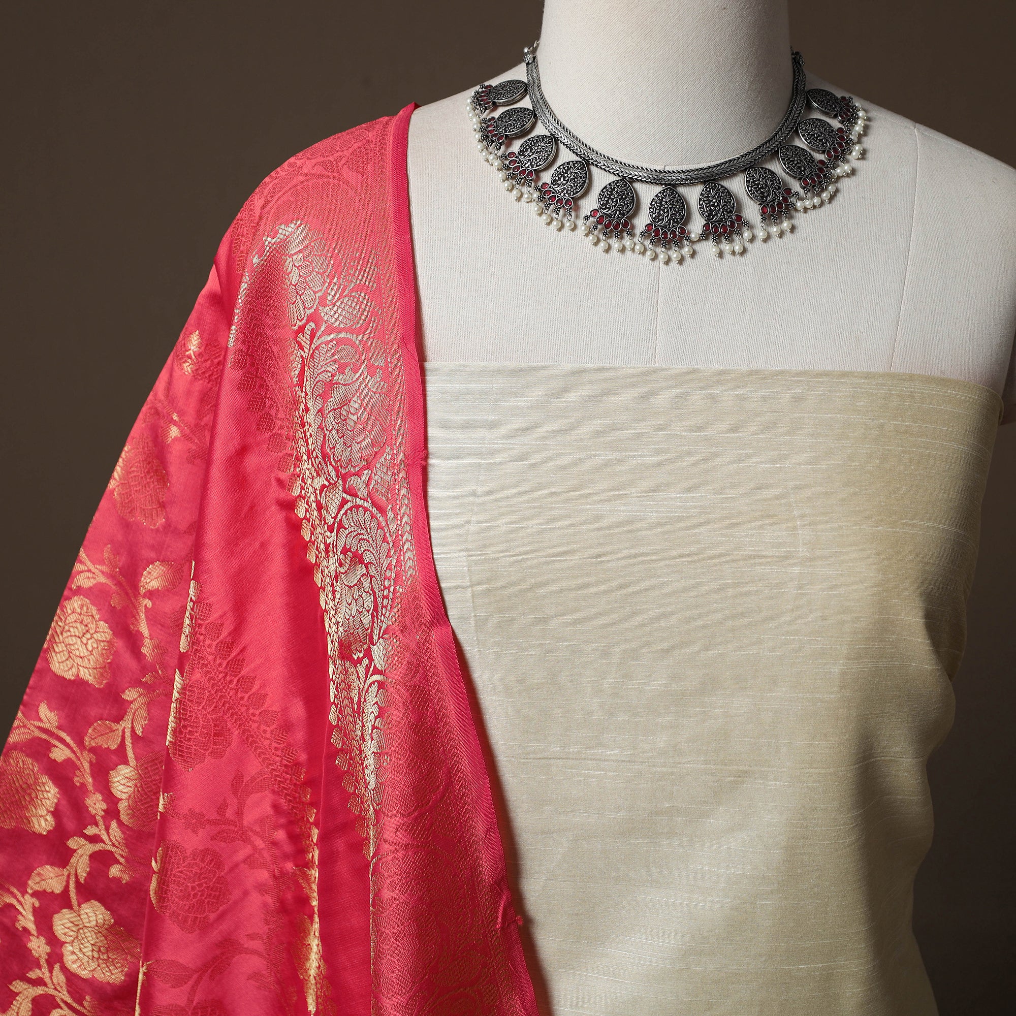 Beige - Plain Slub Silk 2pc Unstitched Dress Material Kurta Set with Earrings 33 - Image 3